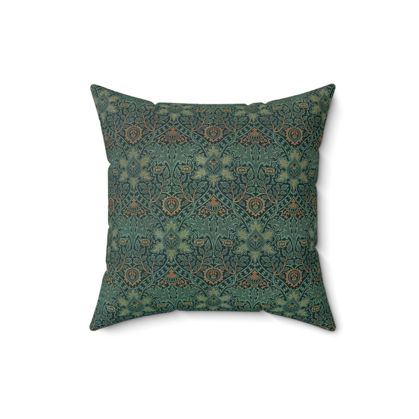 A square-shaped faux suede cushion with a geometric green pattern inspired by William Morris - Ispahan Collection.