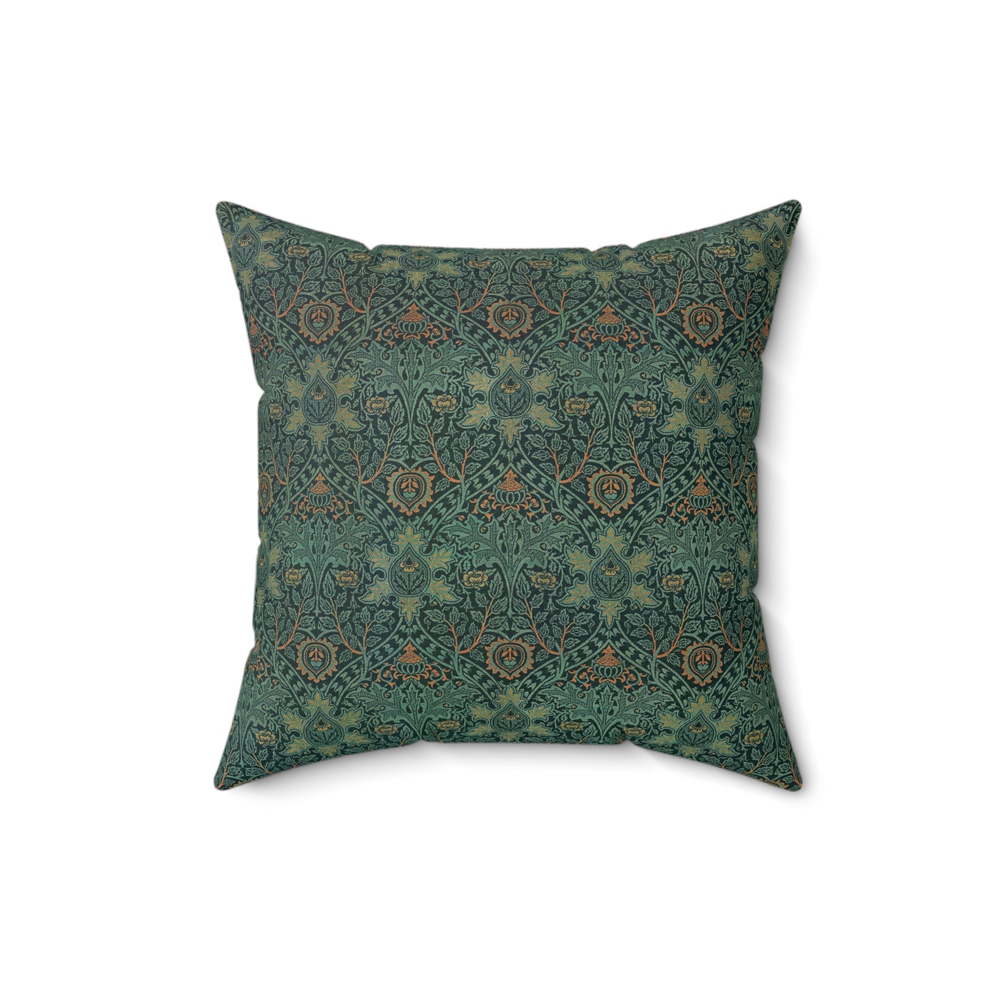 A square-shaped faux suede cushion with a geometric green pattern inspired by William Morris - Ispahan Collection.