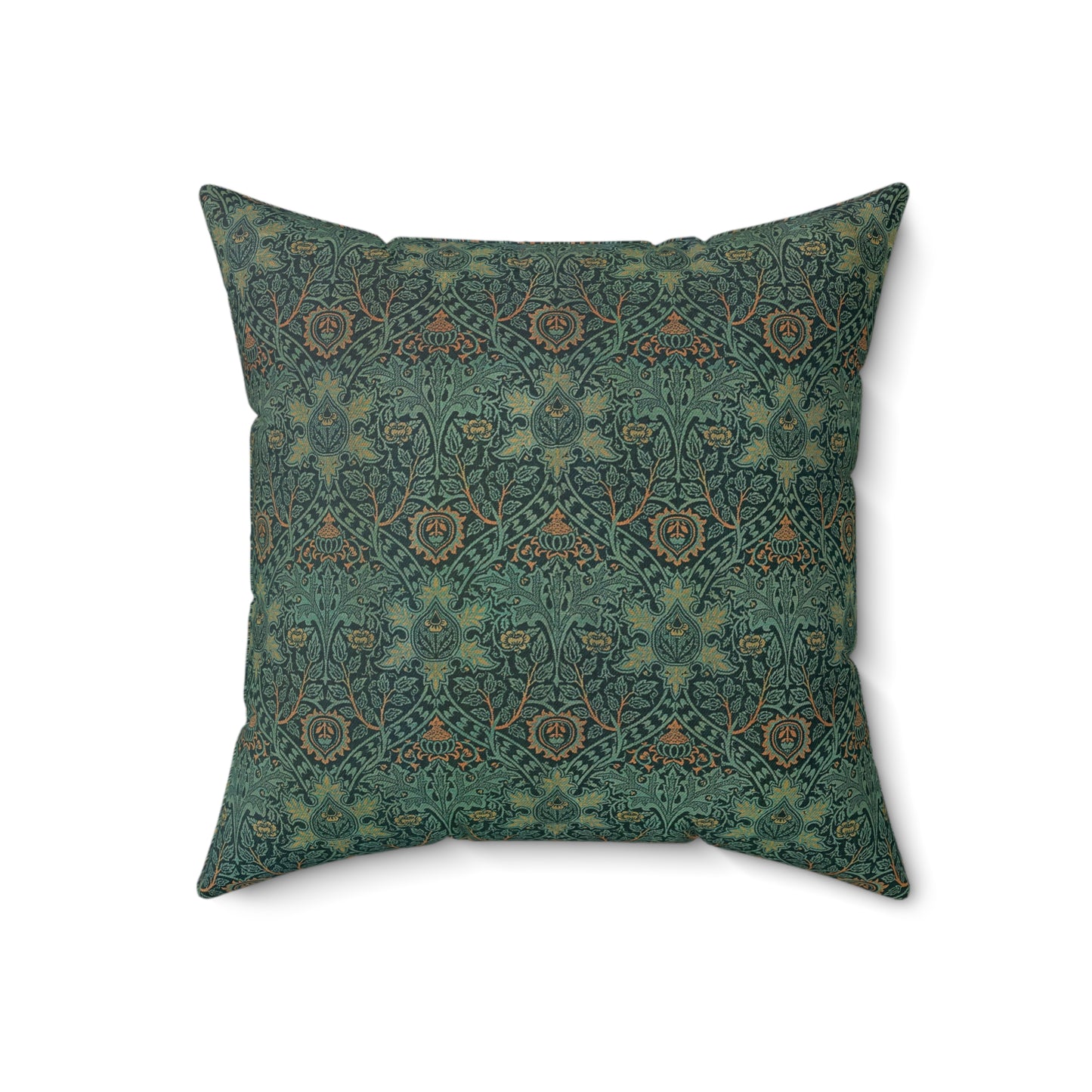 A square-shaped faux suede cushion with a geometric green pattern inspired by William Morris - Ispahan Collection.