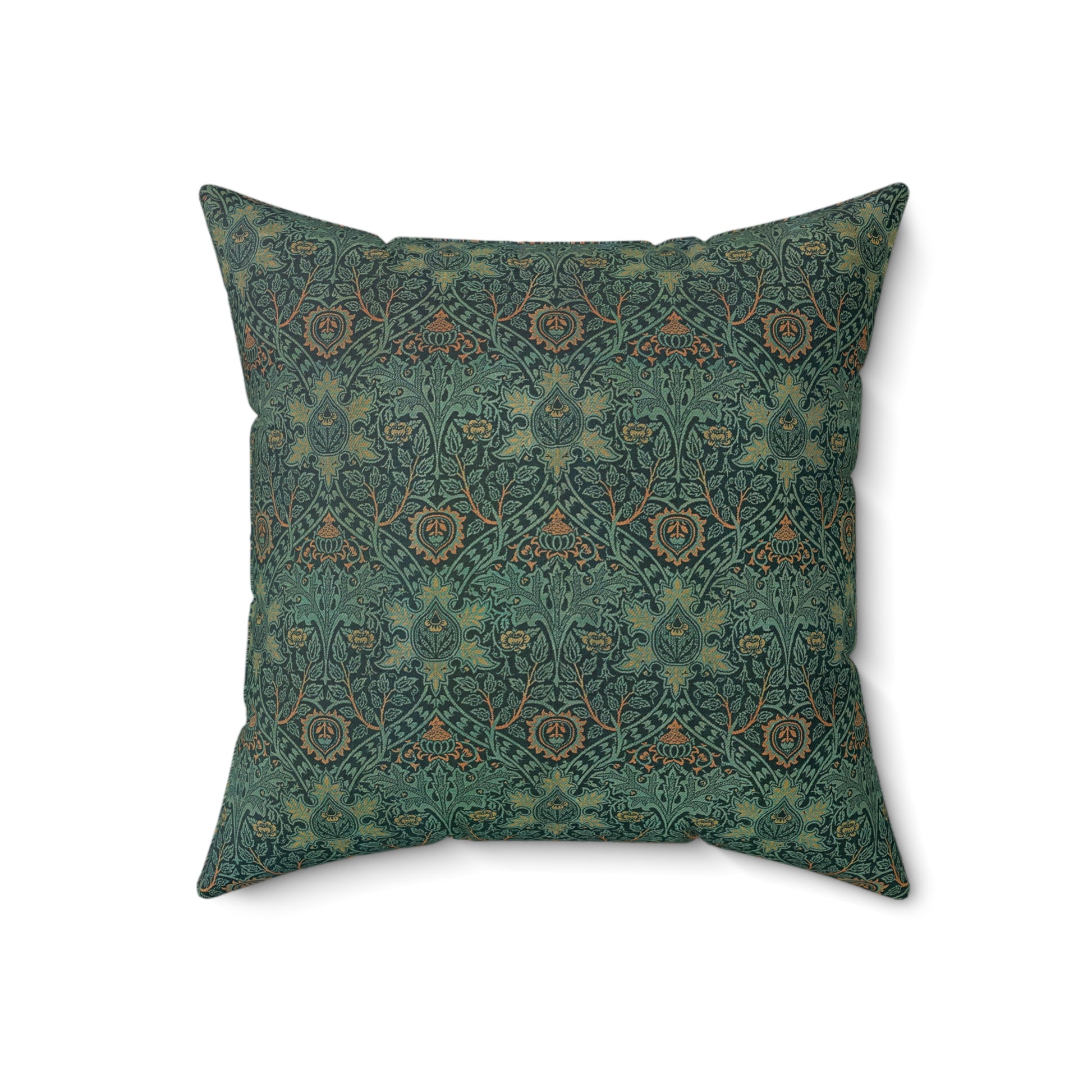 A square-shaped faux suede cushion with a geometric green pattern inspired by William Morris - Ispahan Collection.