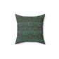A square-shaped faux suede cushion with a geometric green pattern inspired by William Morris - Ispahan Collection.