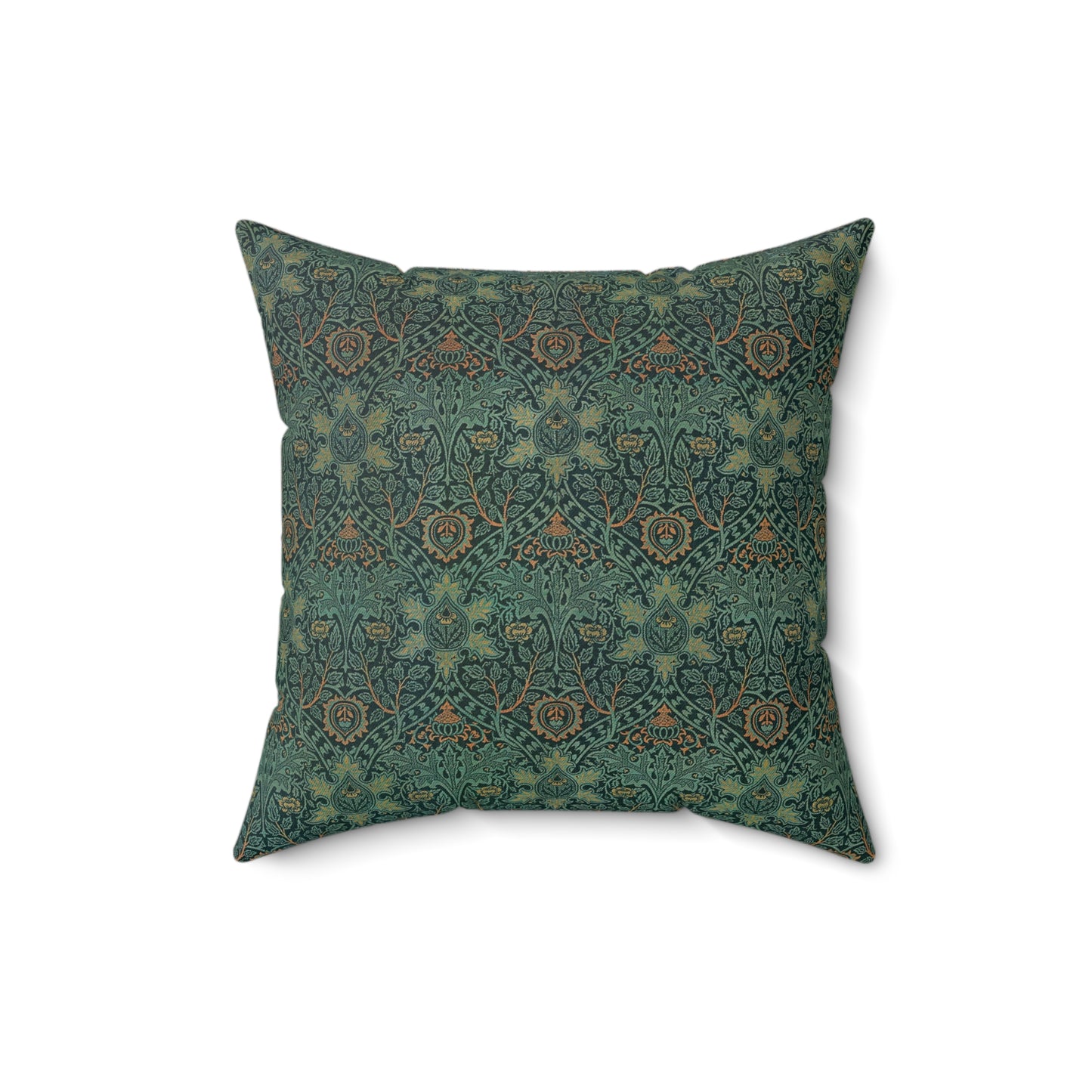 A square-shaped faux suede cushion with a geometric green pattern inspired by William Morris - Ispahan Collection.