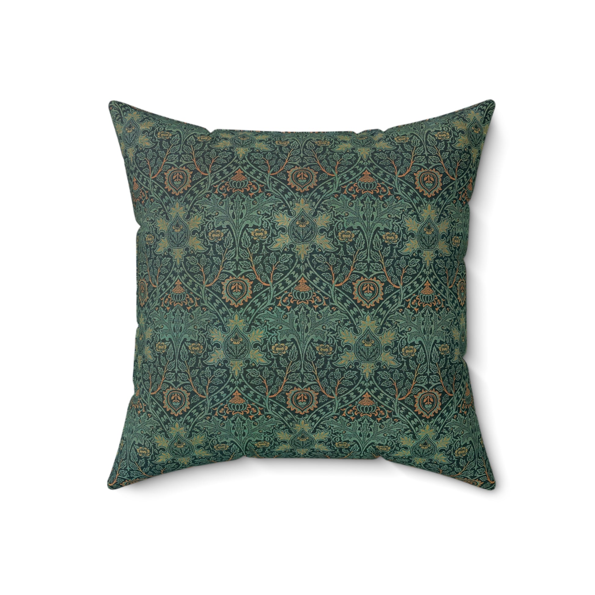 A square-shaped faux suede cushion with a geometric green pattern inspired by William Morris - Ispahan Collection.