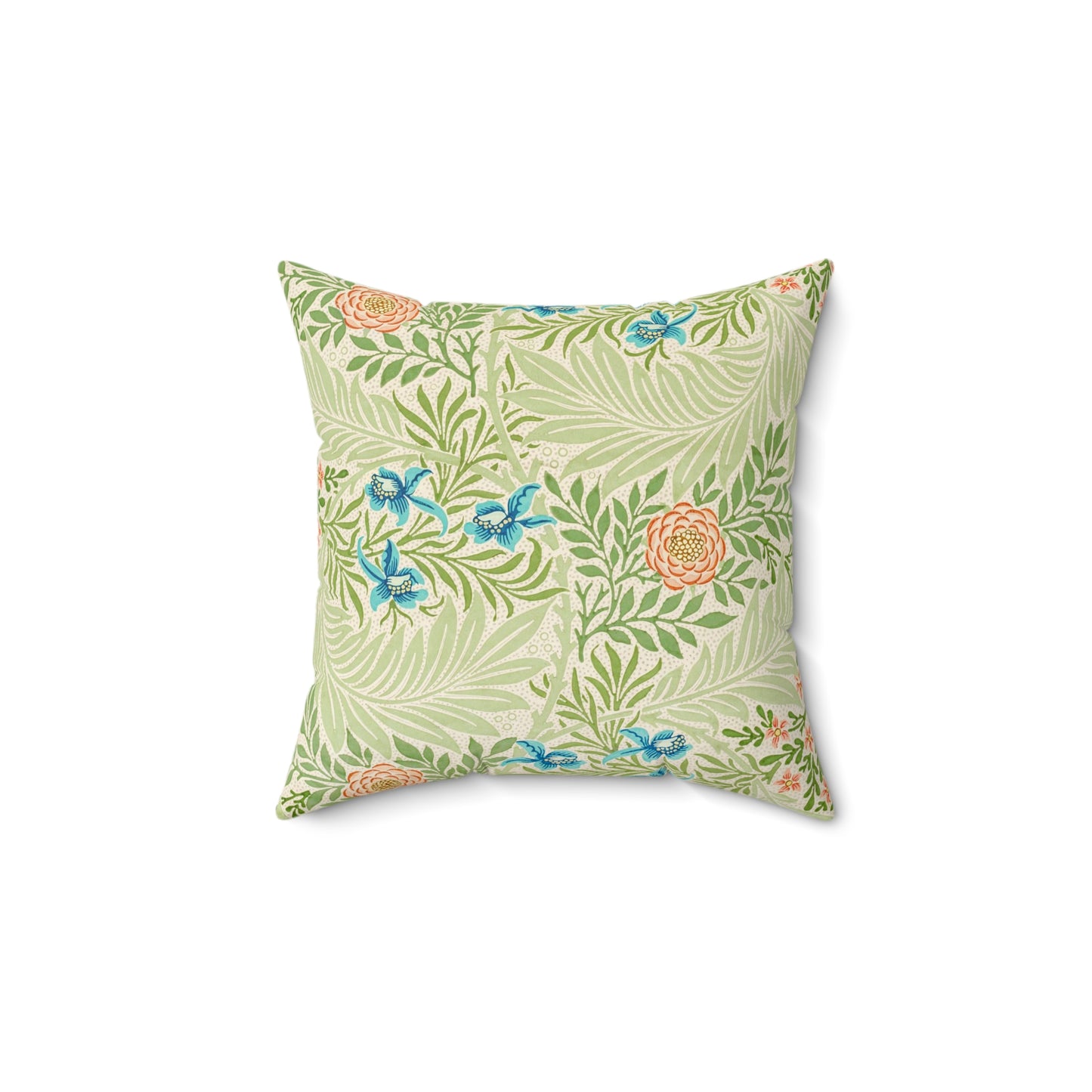 A square-shaped faux suede cushion with an all-over print featuring a William Morris & Co floral pattern in shades of green, blue, and orange.