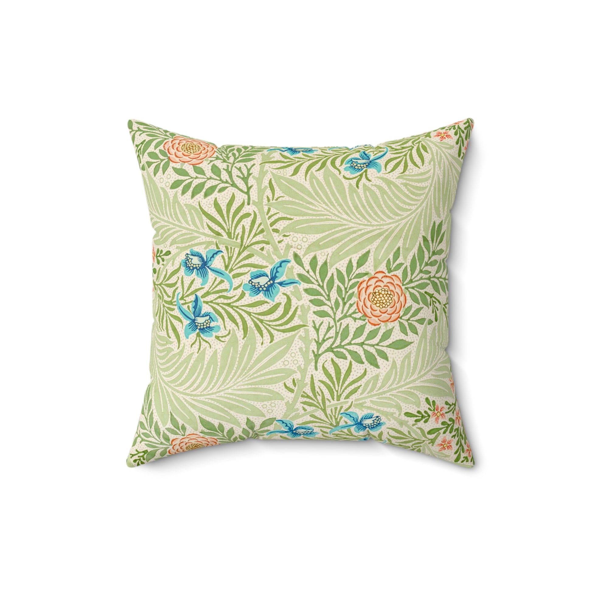 A square-shaped faux suede cushion with an all-over print featuring a William Morris & Co floral pattern in shades of green, blue, and orange.