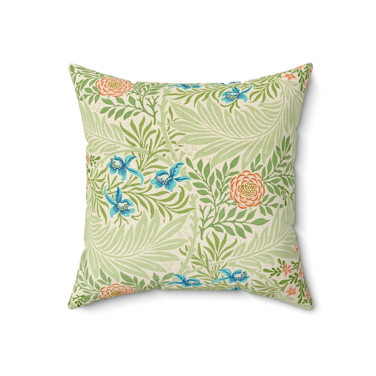 A square-shaped faux suede cushion with an all-over print featuring a William Morris & Co floral pattern in shades of green, blue, and orange.