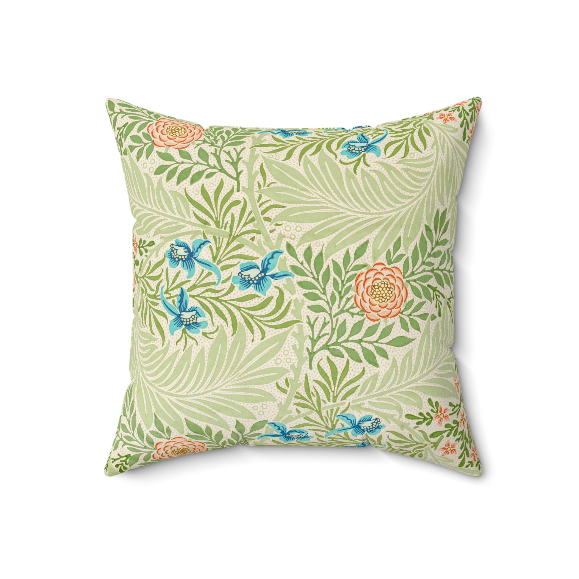 A square-shaped faux suede cushion with an all-over print featuring a William Morris & Co floral pattern in shades of green, blue, and orange.