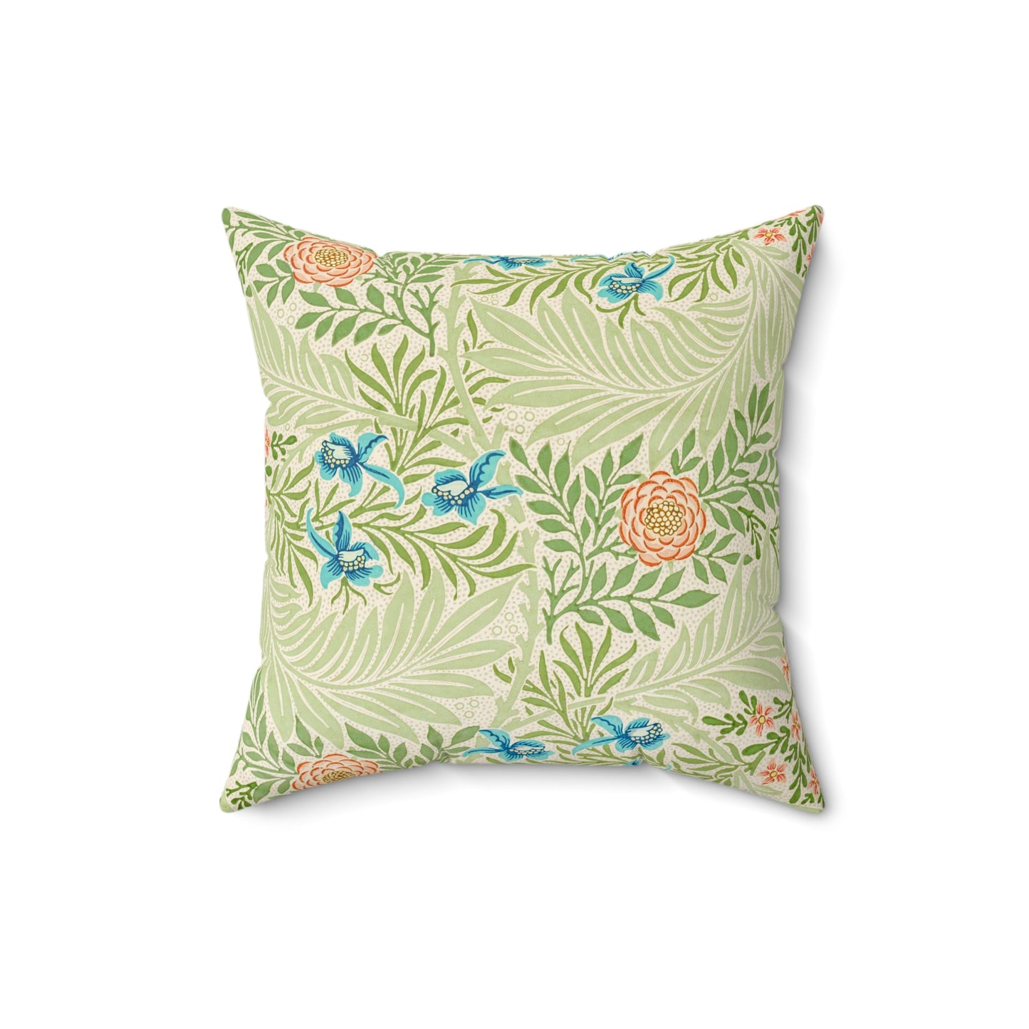 A square-shaped faux suede cushion with an all-over print featuring a William Morris & Co floral pattern in shades of green, blue, and orange.