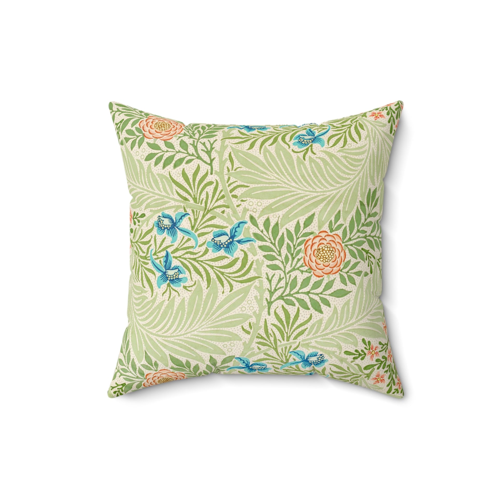 A square-shaped faux suede cushion with an all-over print featuring a William Morris & Co floral pattern in shades of green, blue, and orange.