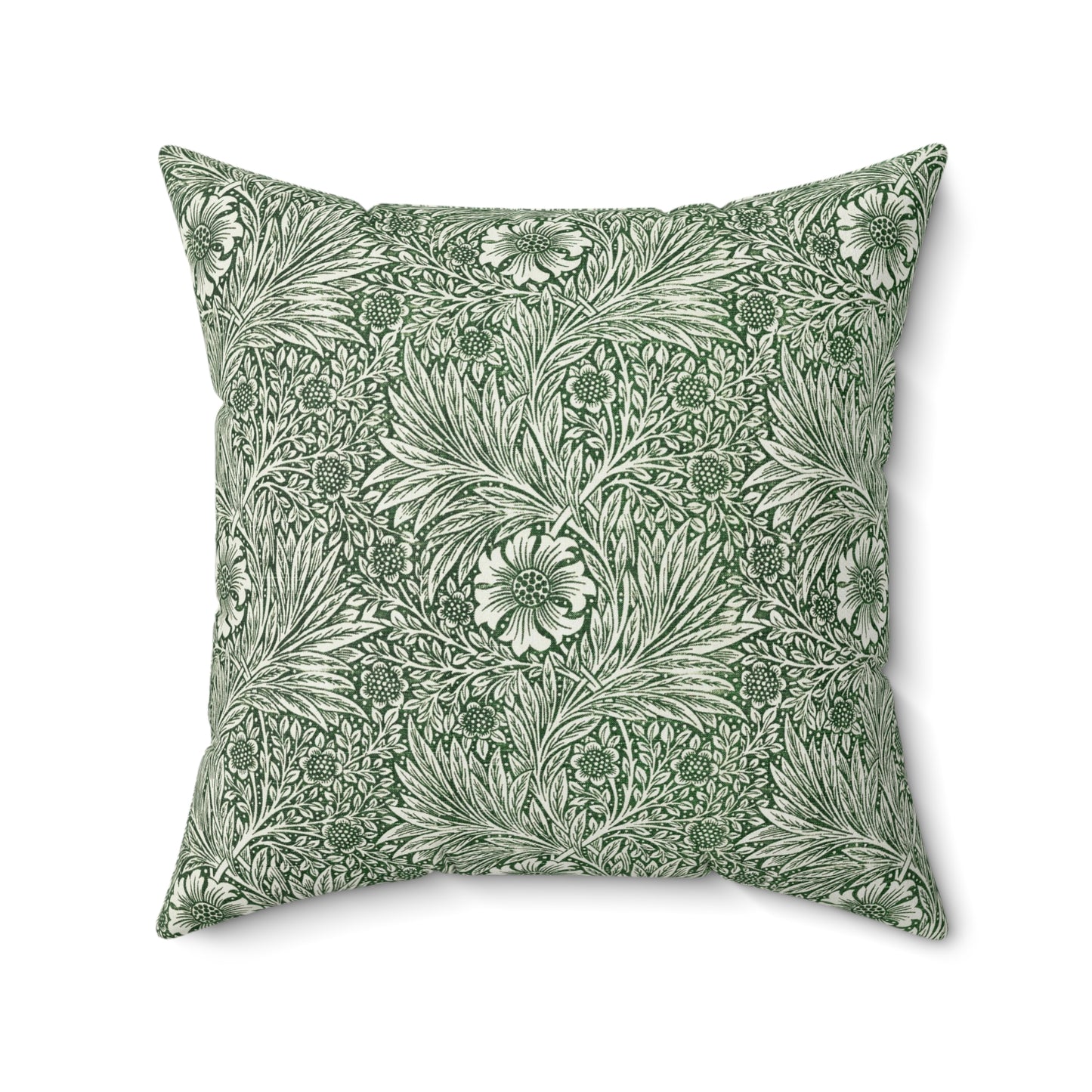 A square-shaped faux suede cushion with a floral pattern in a green colour, inspired by William Morris - Marigold Collection.