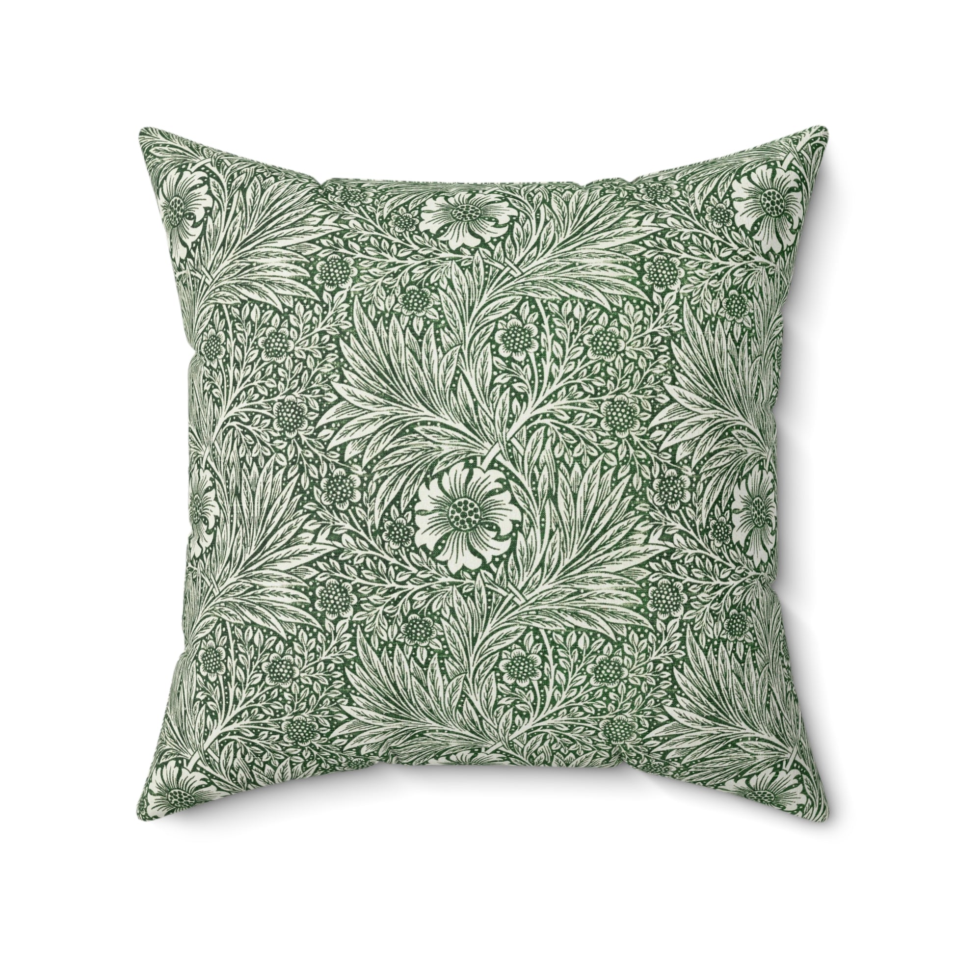 A square-shaped faux suede cushion with a floral pattern in a green colour, inspired by William Morris - Marigold Collection.