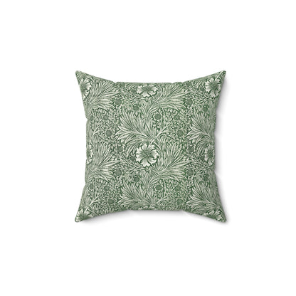 A square-shaped faux suede cushion with a floral pattern in a green colour, inspired by William Morris - Marigold Collection.