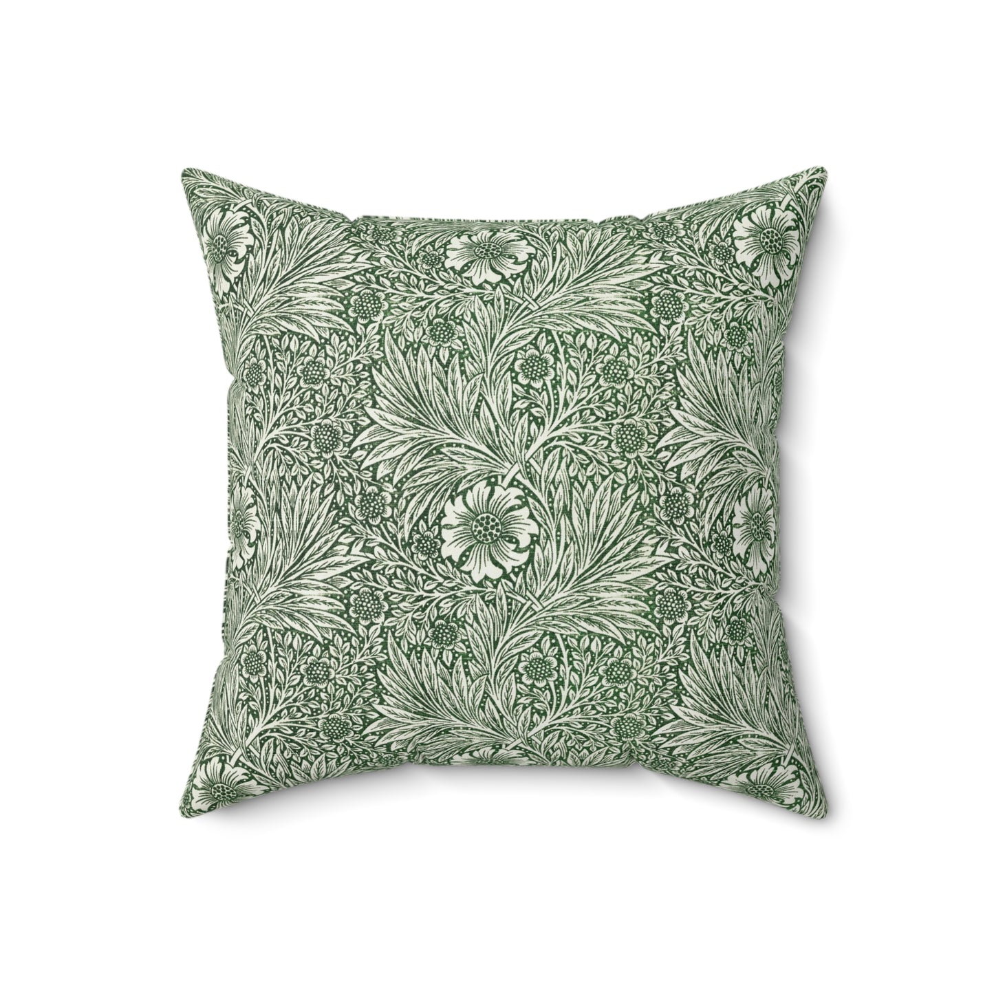 A square-shaped faux suede cushion with a floral pattern in a green color, featuring a concealed zipper.