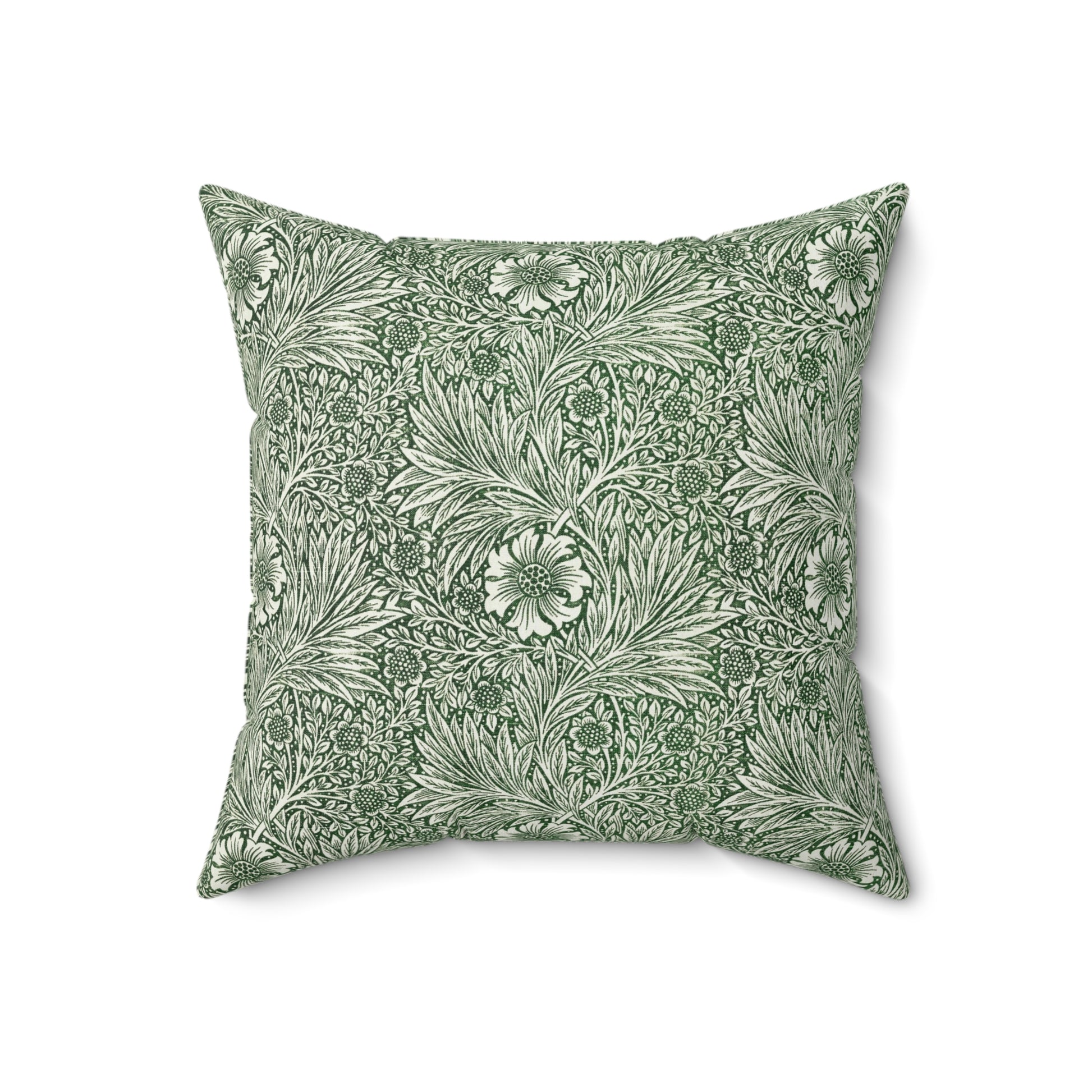 A square-shaped faux suede cushion with a floral pattern in a green color, featuring a concealed zipper.