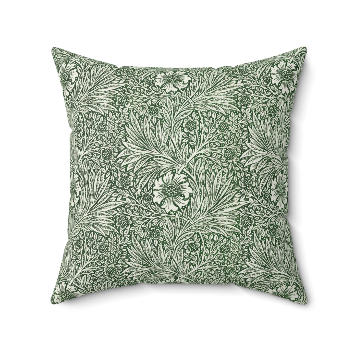 A square-shaped faux suede cushion with a floral pattern in a green colour, inspired by William Morris - Marigold Collection.