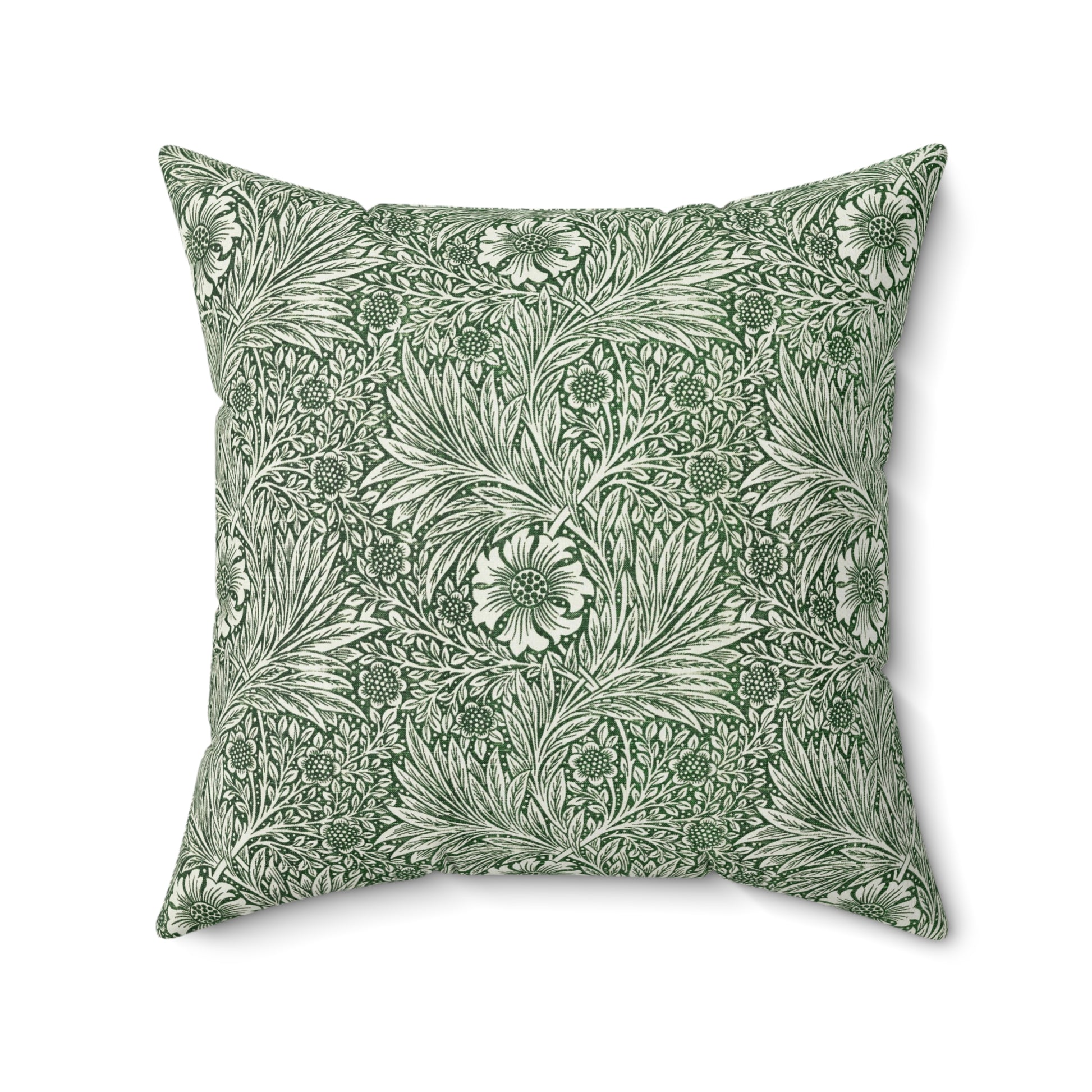 A square-shaped faux suede cushion with a floral pattern in a green colour, inspired by William Morris - Marigold Collection.