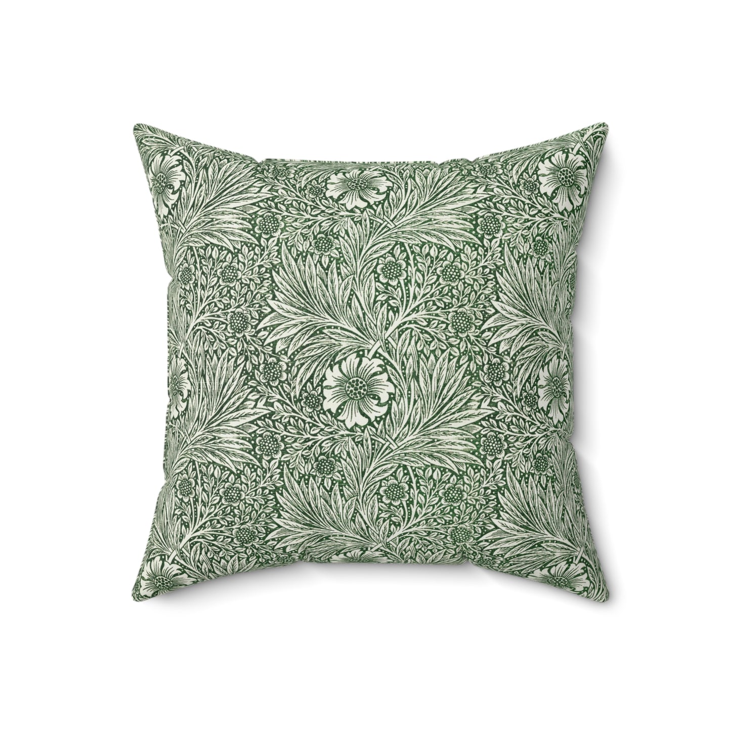 A square-shaped faux suede cushion with a floral pattern in a green colour, inspired by William Morris - Marigold Collection.