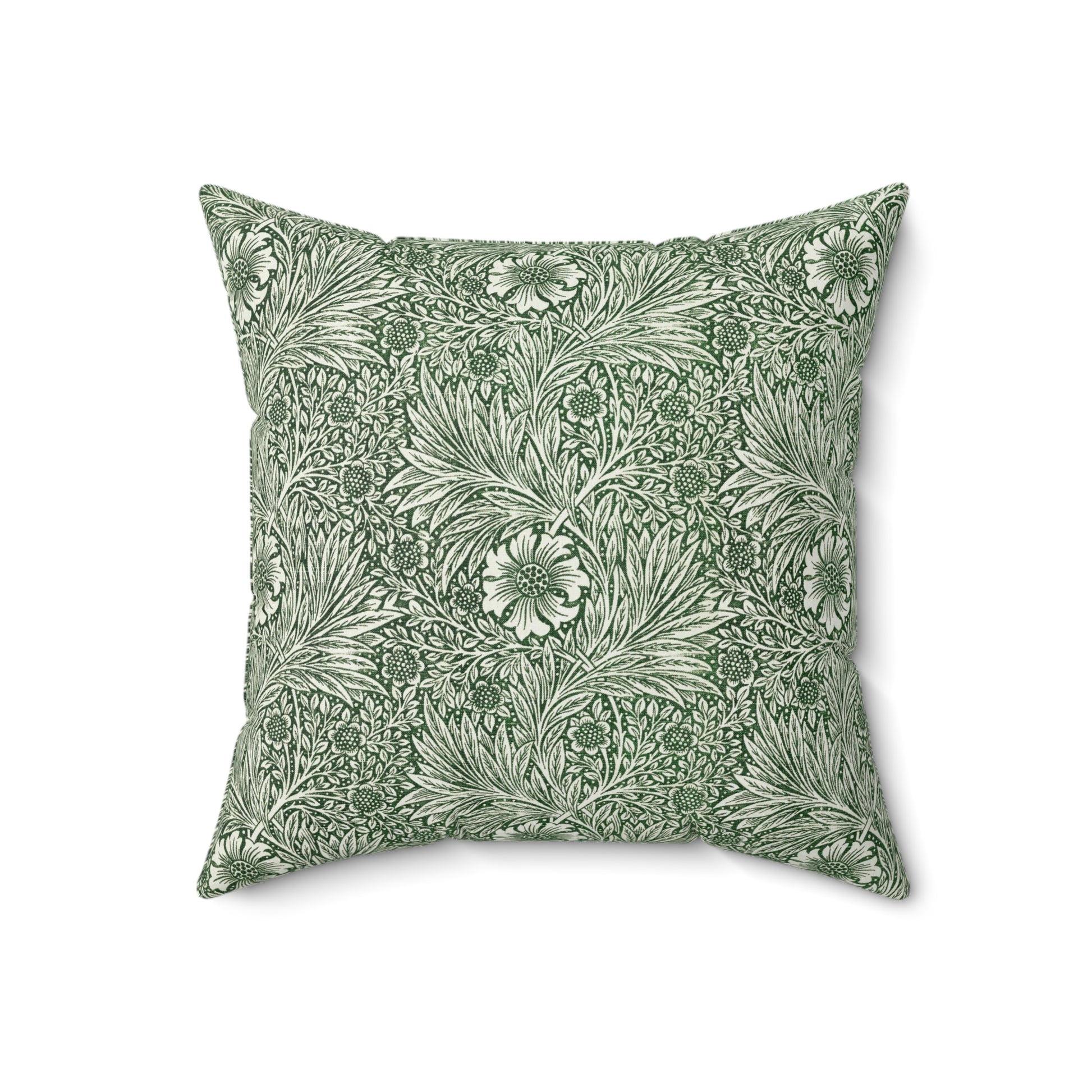 A square-shaped faux suede cushion with a floral pattern in a green colour, inspired by William Morris - Marigold Collection.