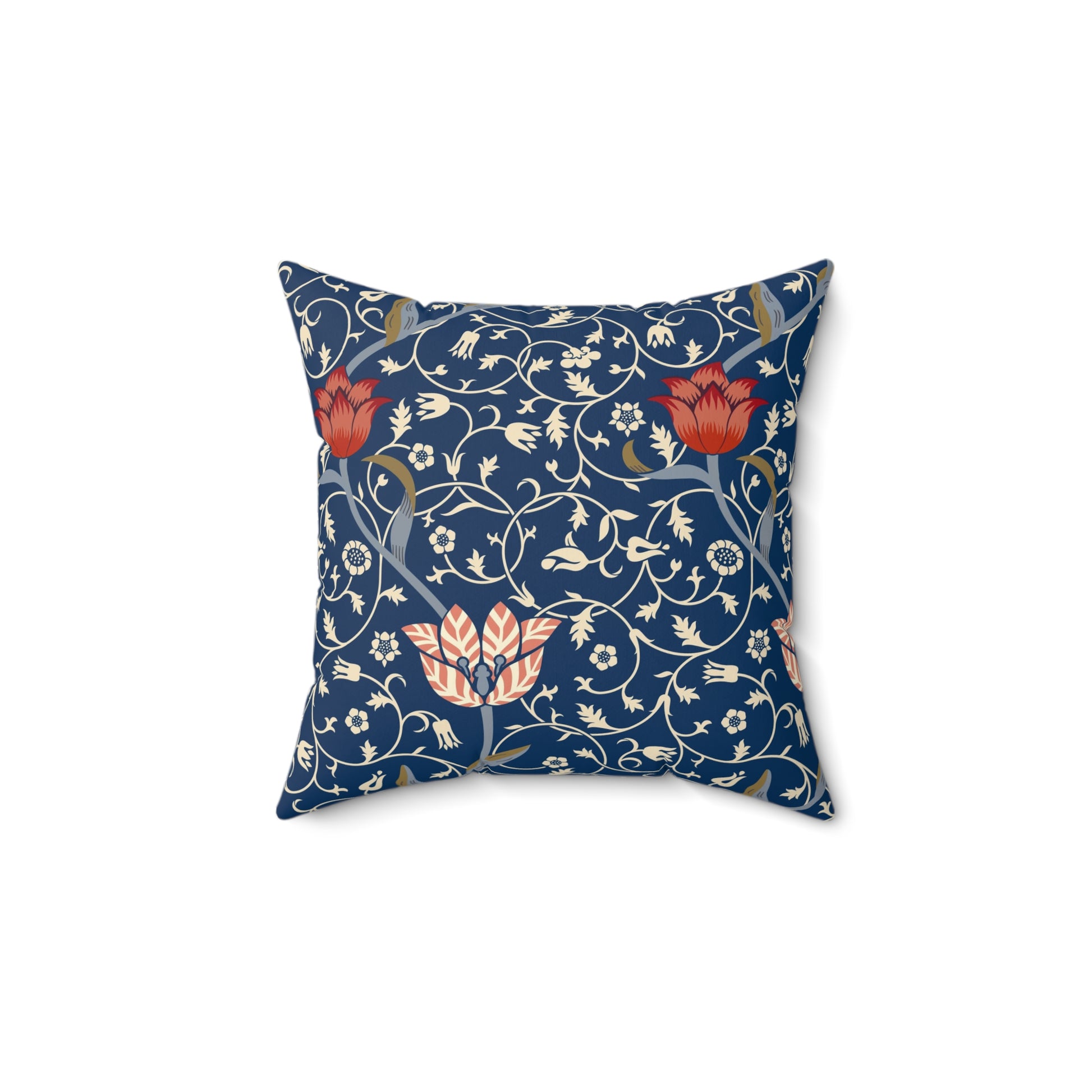 A square-shaped faux suede cushion with a floral pattern inspired by William Morris, predominantly in blue with red and white accents.