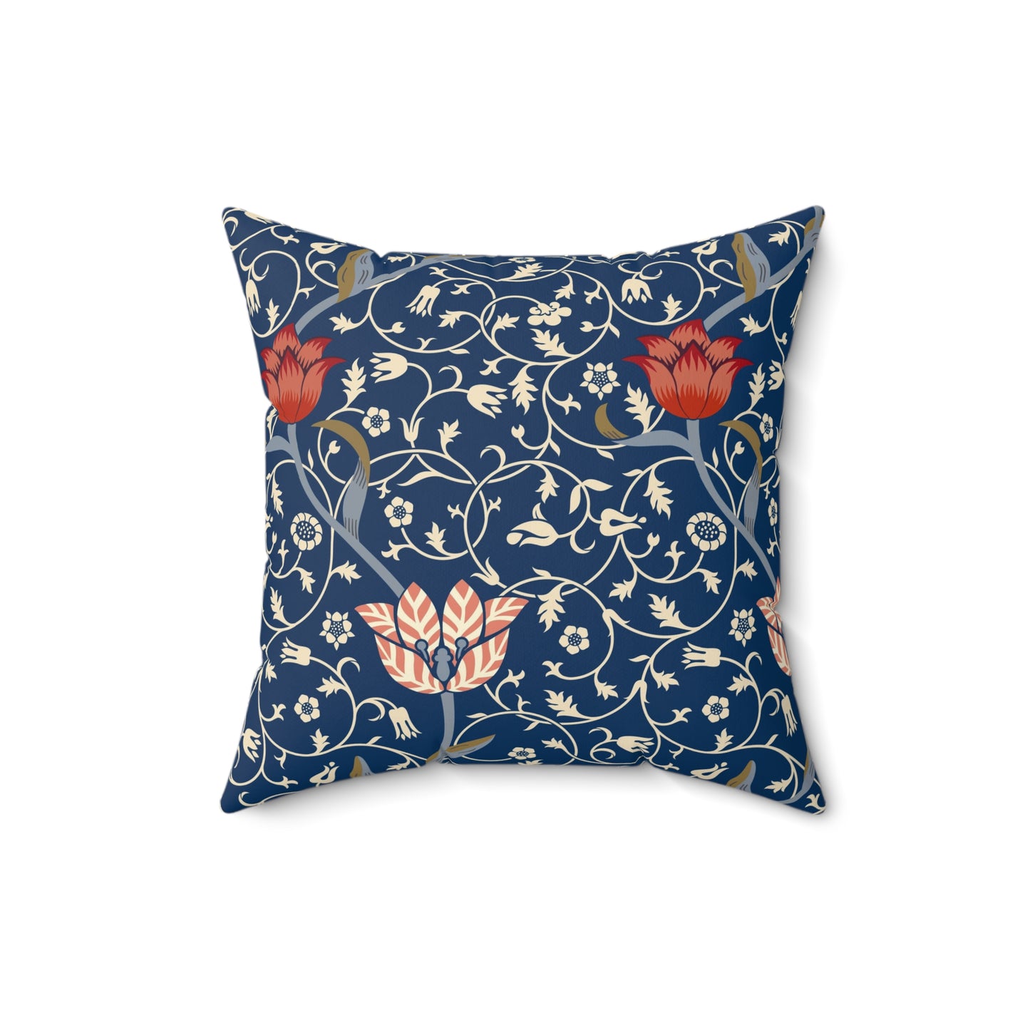 A square-shaped faux suede cushion with a floral pattern inspired by William Morris, predominantly in blue with red and white accents.