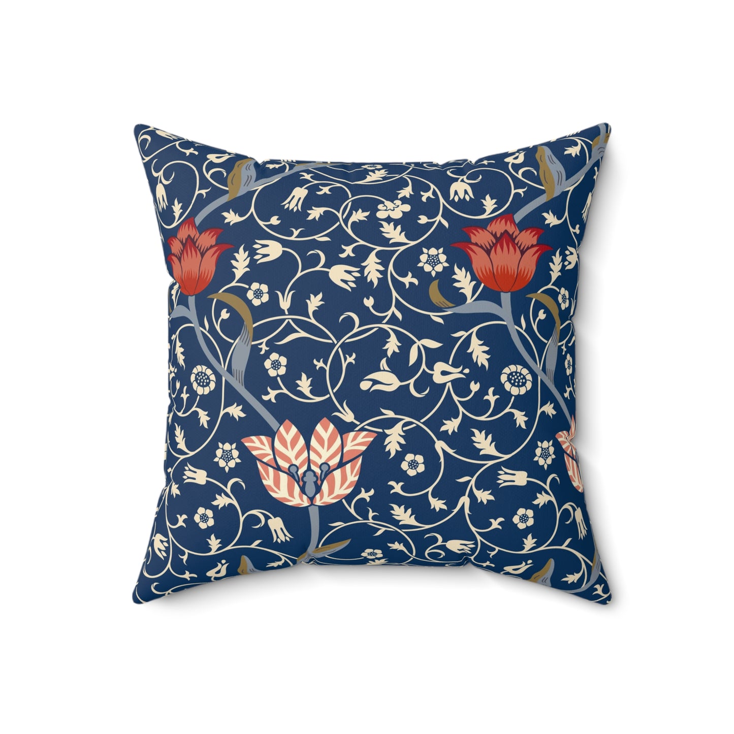 A square-shaped faux suede cushion with a floral pattern inspired by William Morris, predominantly in blue with red and white accents.