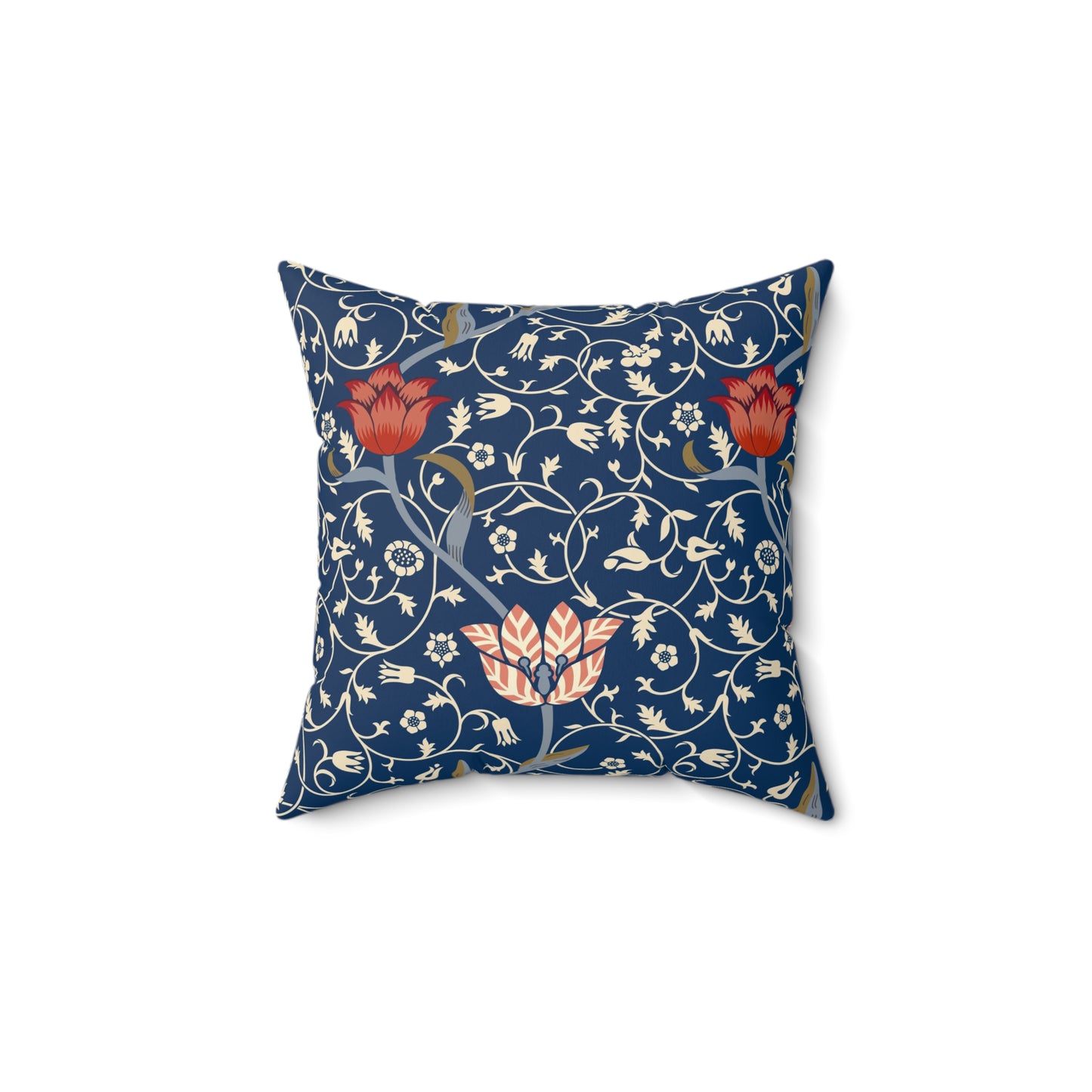A square-shaped faux suede cushion with a floral pattern inspired by William Morris, predominantly in blue with red and white accents.