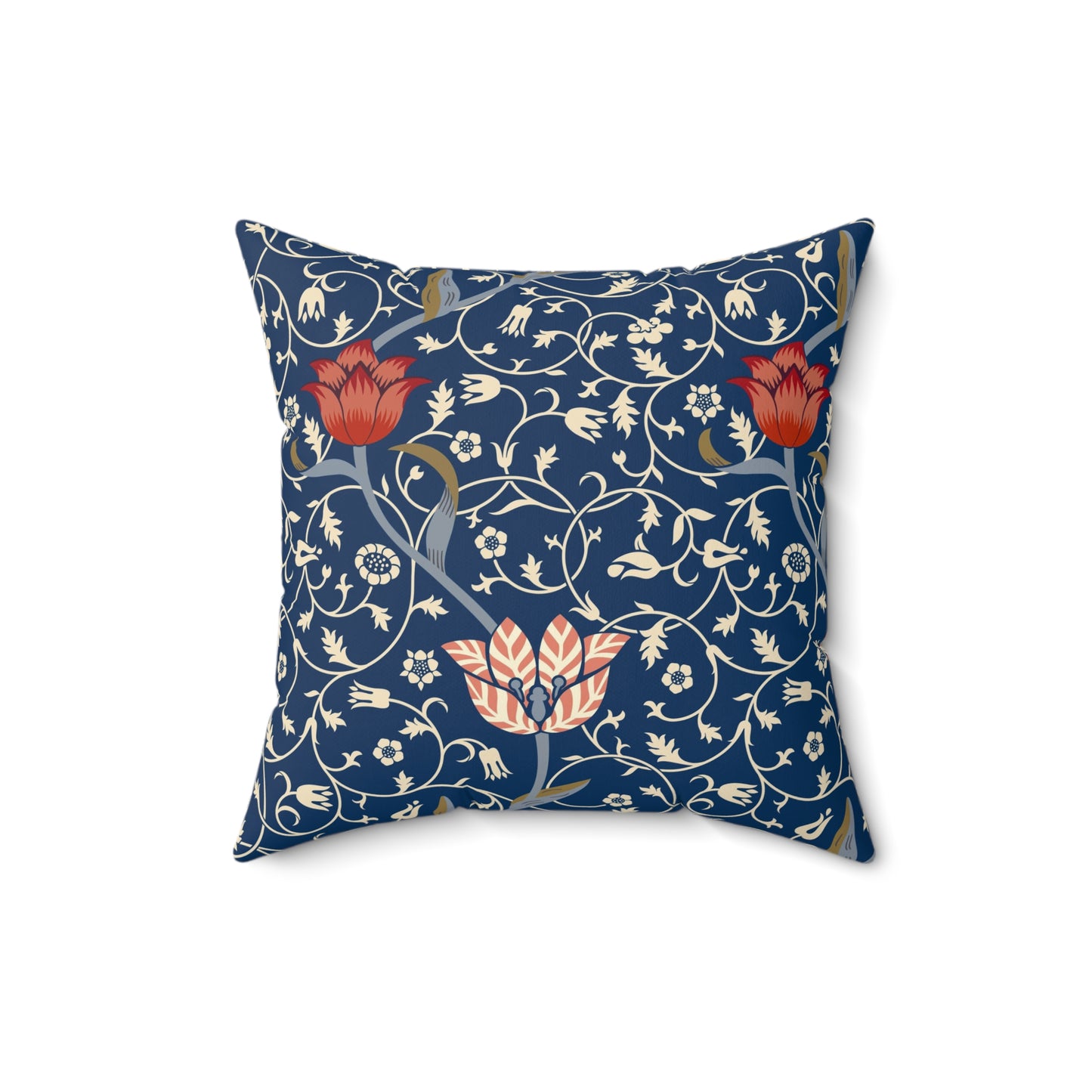 A square-shaped faux suede cushion with a floral pattern inspired by William Morris, predominantly in blue with red and white accents.