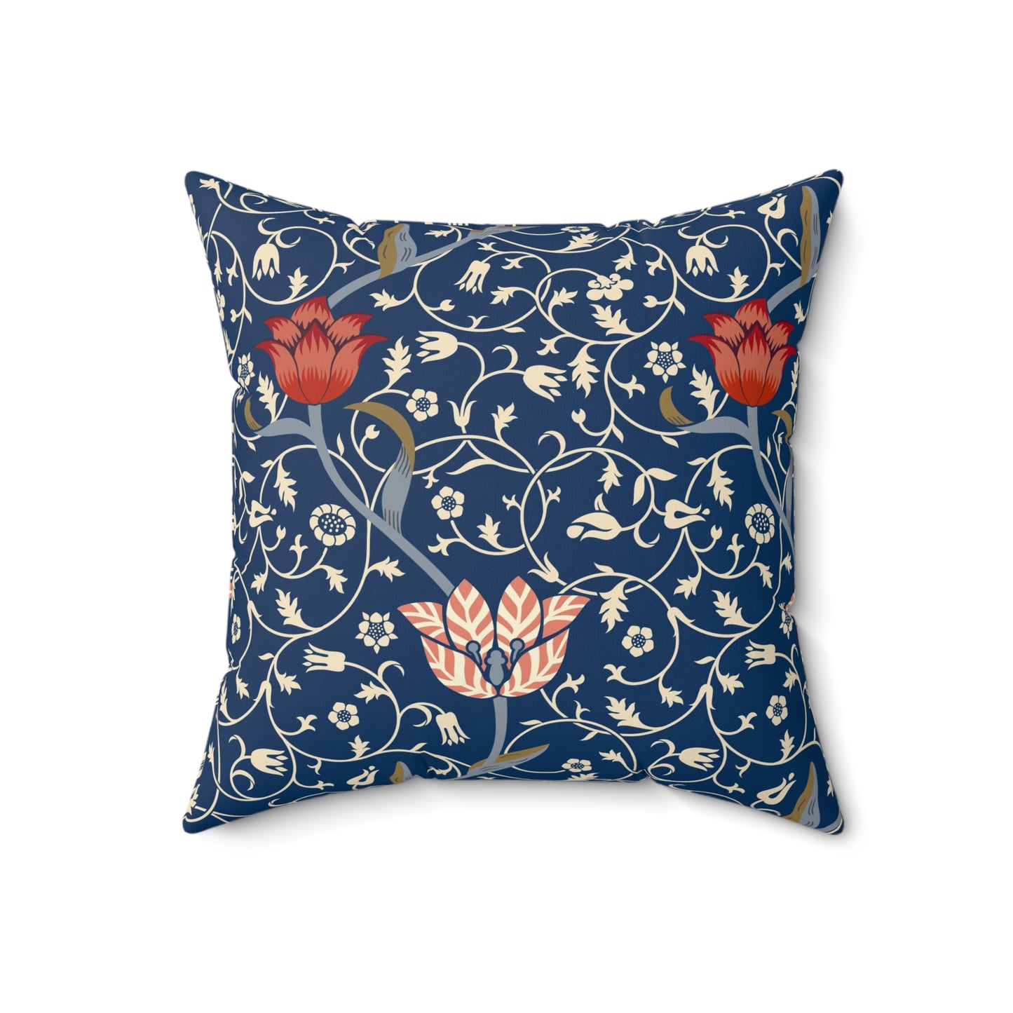 A square-shaped faux suede cushion with a floral pattern inspired by William Morris, predominantly in blue with red and white accents.