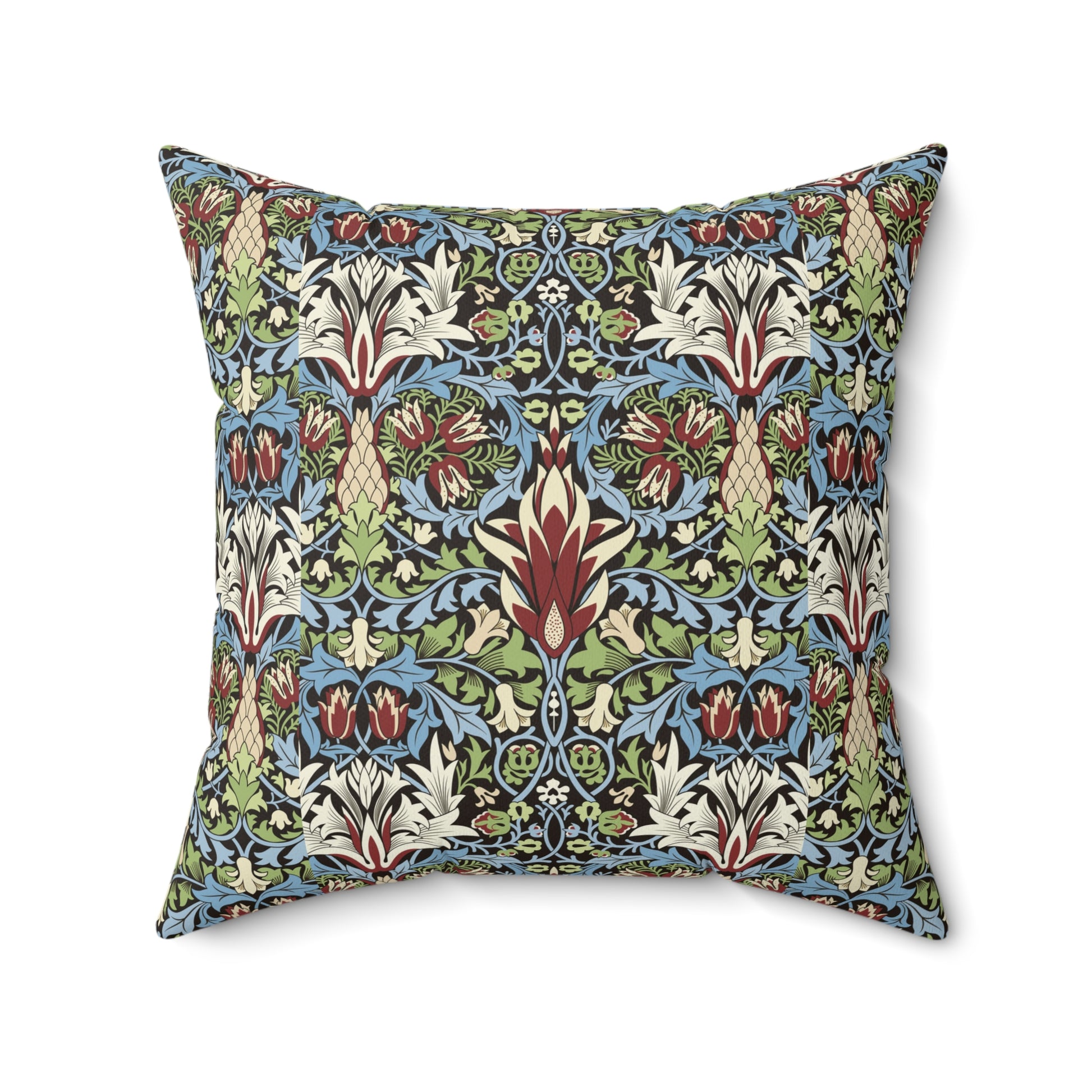 Faux Suede Cushion in a red, blue and green floral pattern by William Morris called Snakeshead Collection