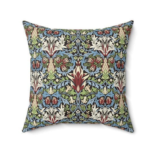 Faux Suede Cushion in a red, blue and green floral pattern by William Morris called Snakeshead Collection