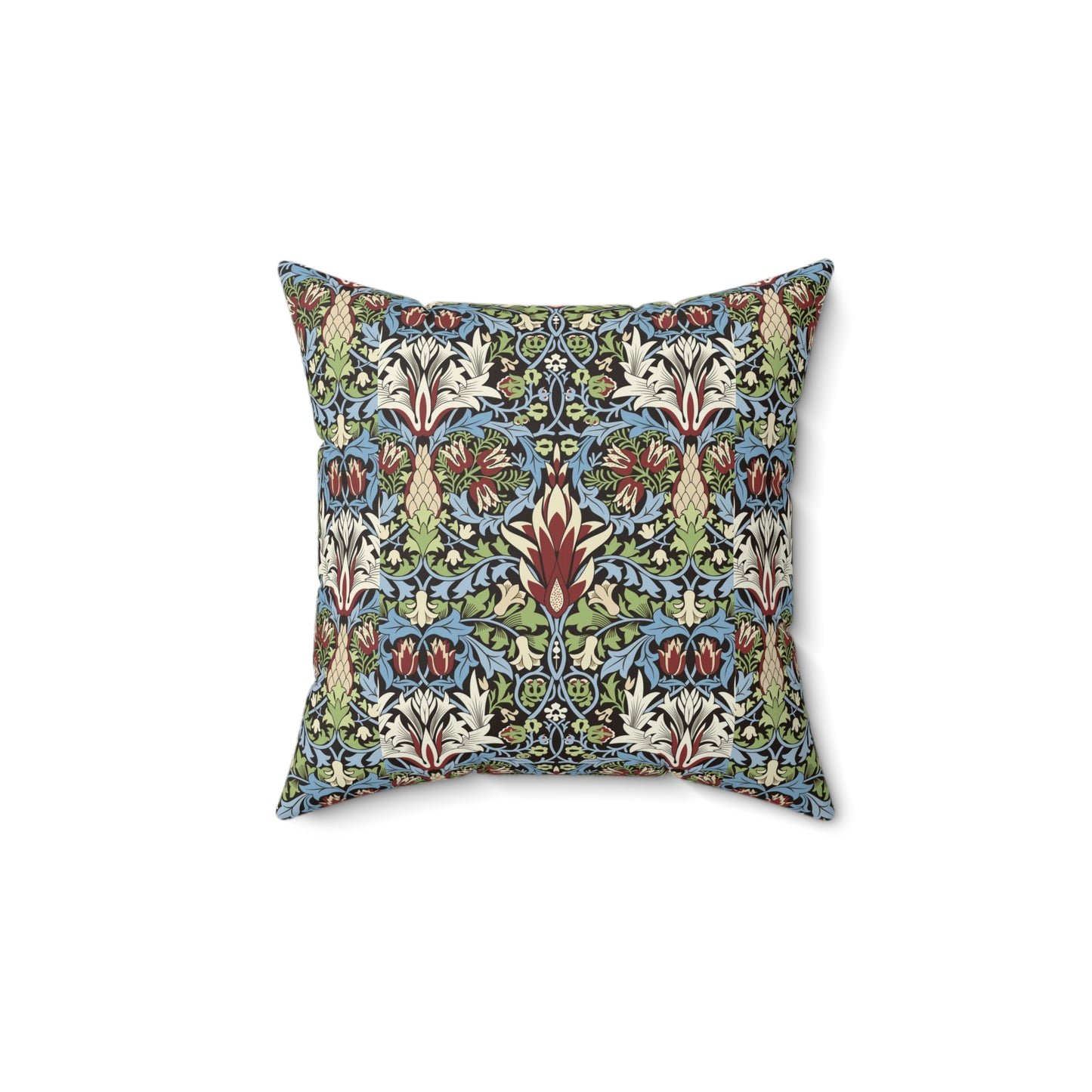 Faux Suede Cushion in a red, blue and green floral pattern by William Morris called Snakeshead Collection