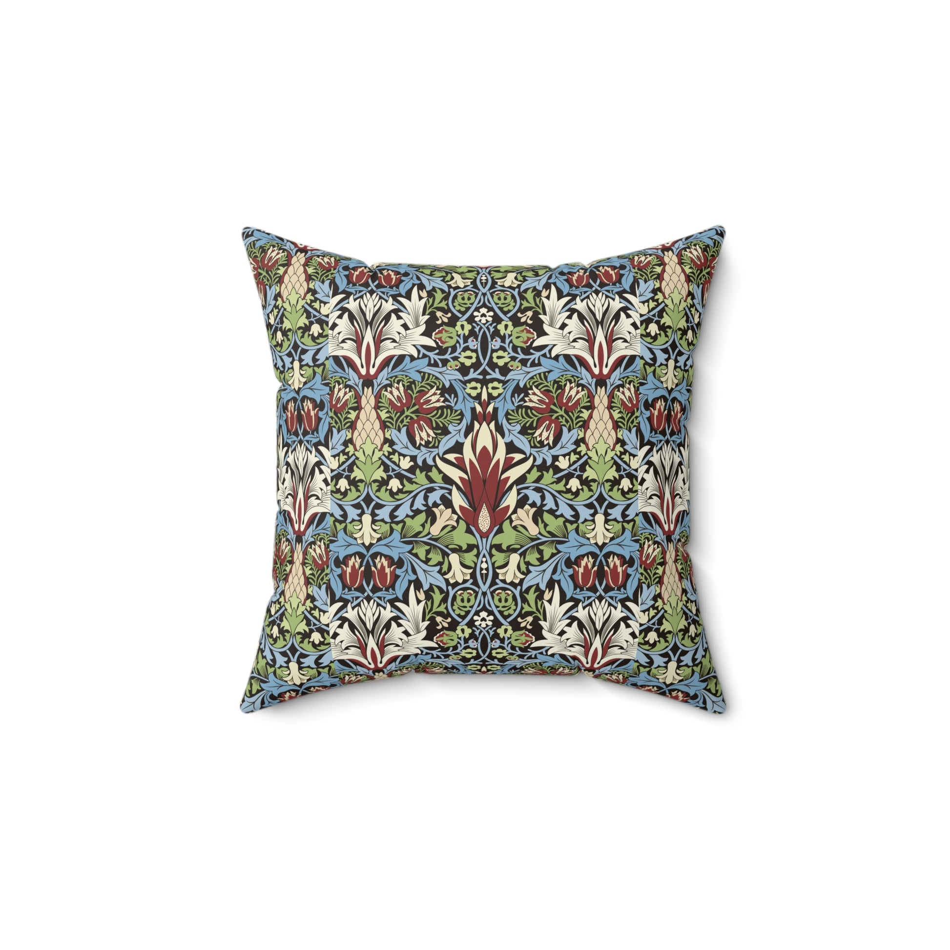 Faux Suede Cushion in a red, blue and green floral pattern by William Morris called Snakeshead Collection