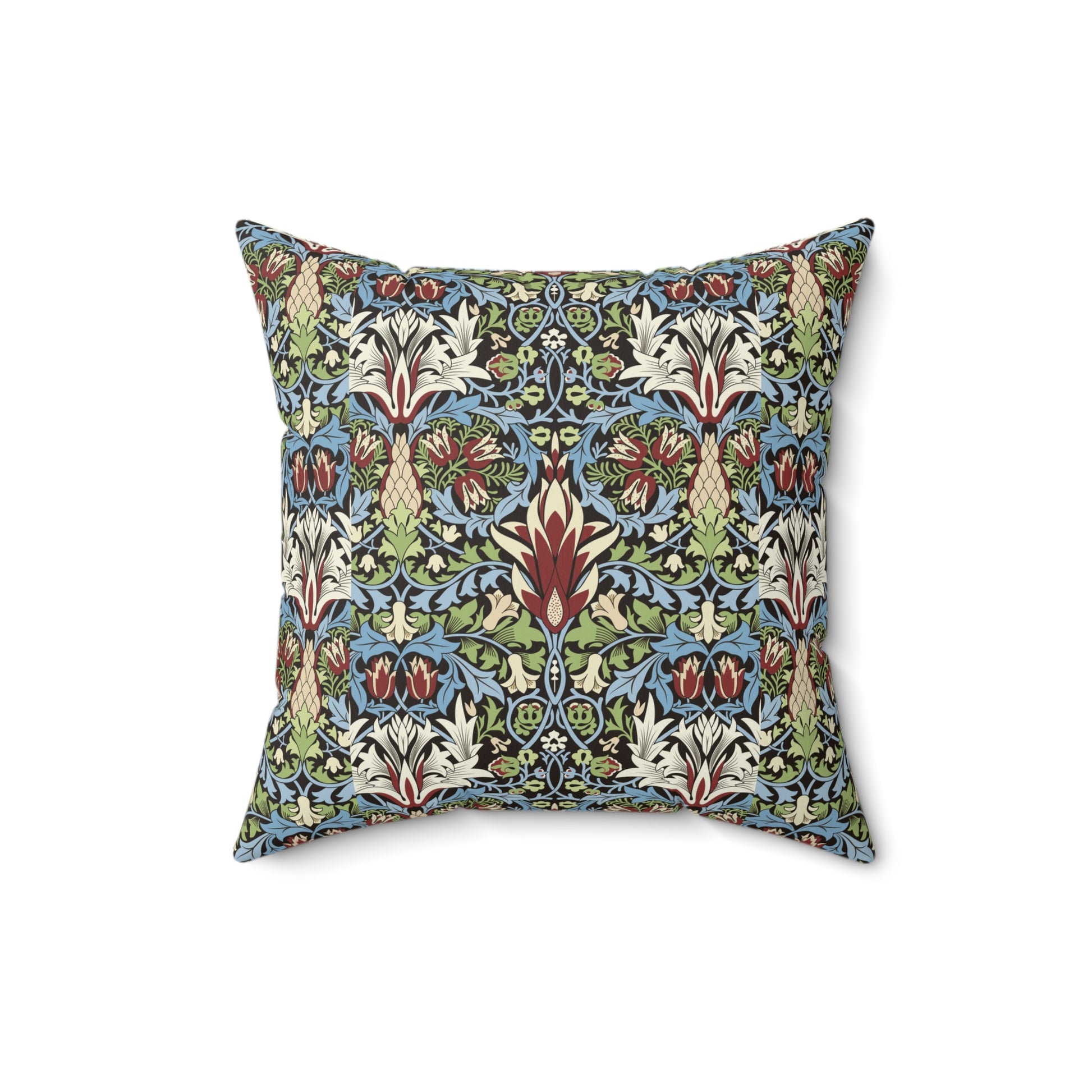 Faux Suede Cushion in a red, blue and green floral pattern by William Morris called Snakeshead Collection