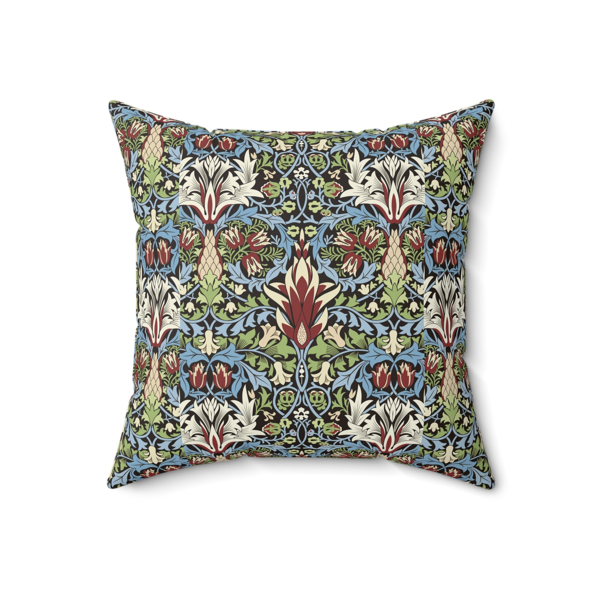 Faux Suede Cushion in a red, blue and green floral pattern by William Morris called Snakeshead Collection