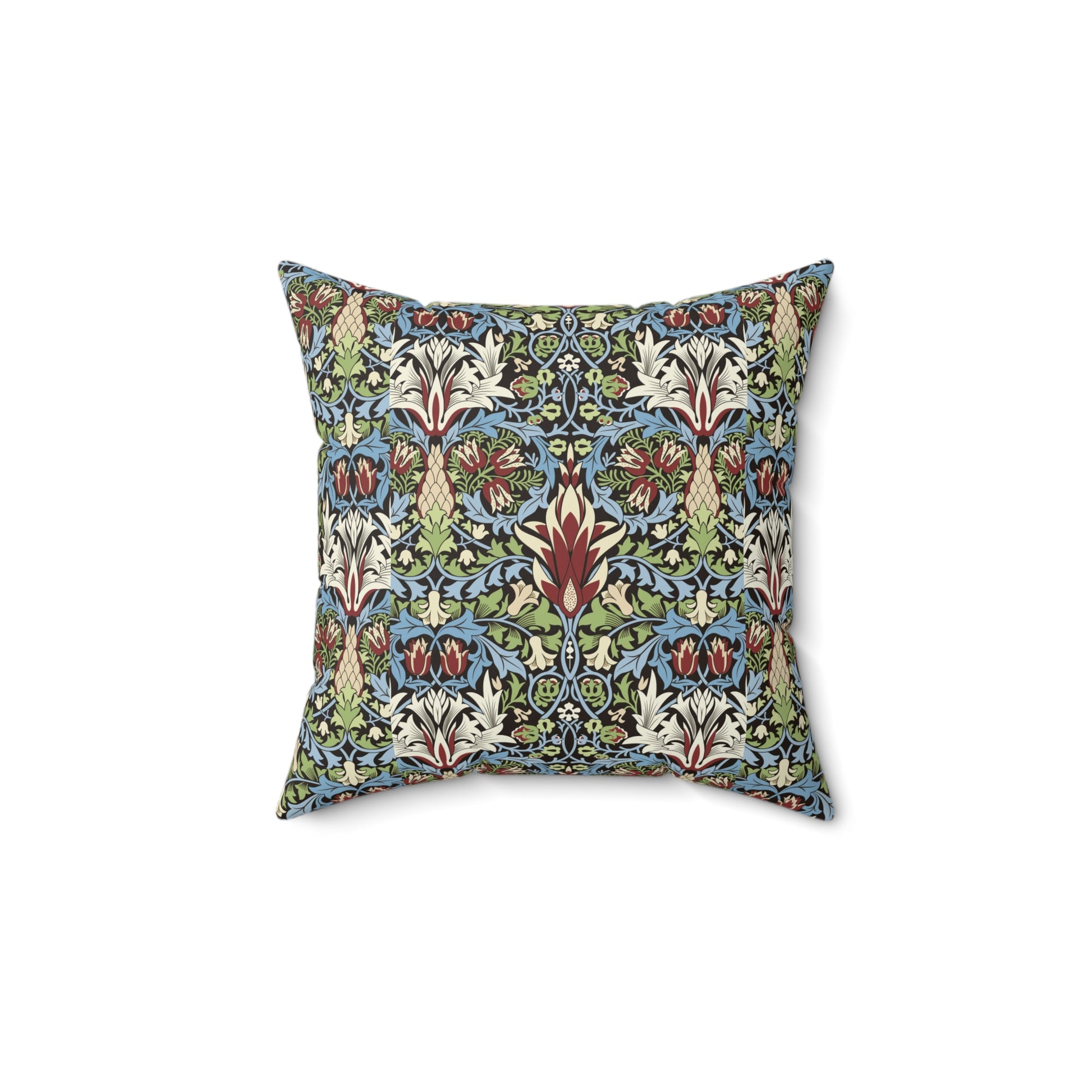 Faux Suede Cushion in a red, blue and green floral pattern by William Morris called Snakeshead Collection