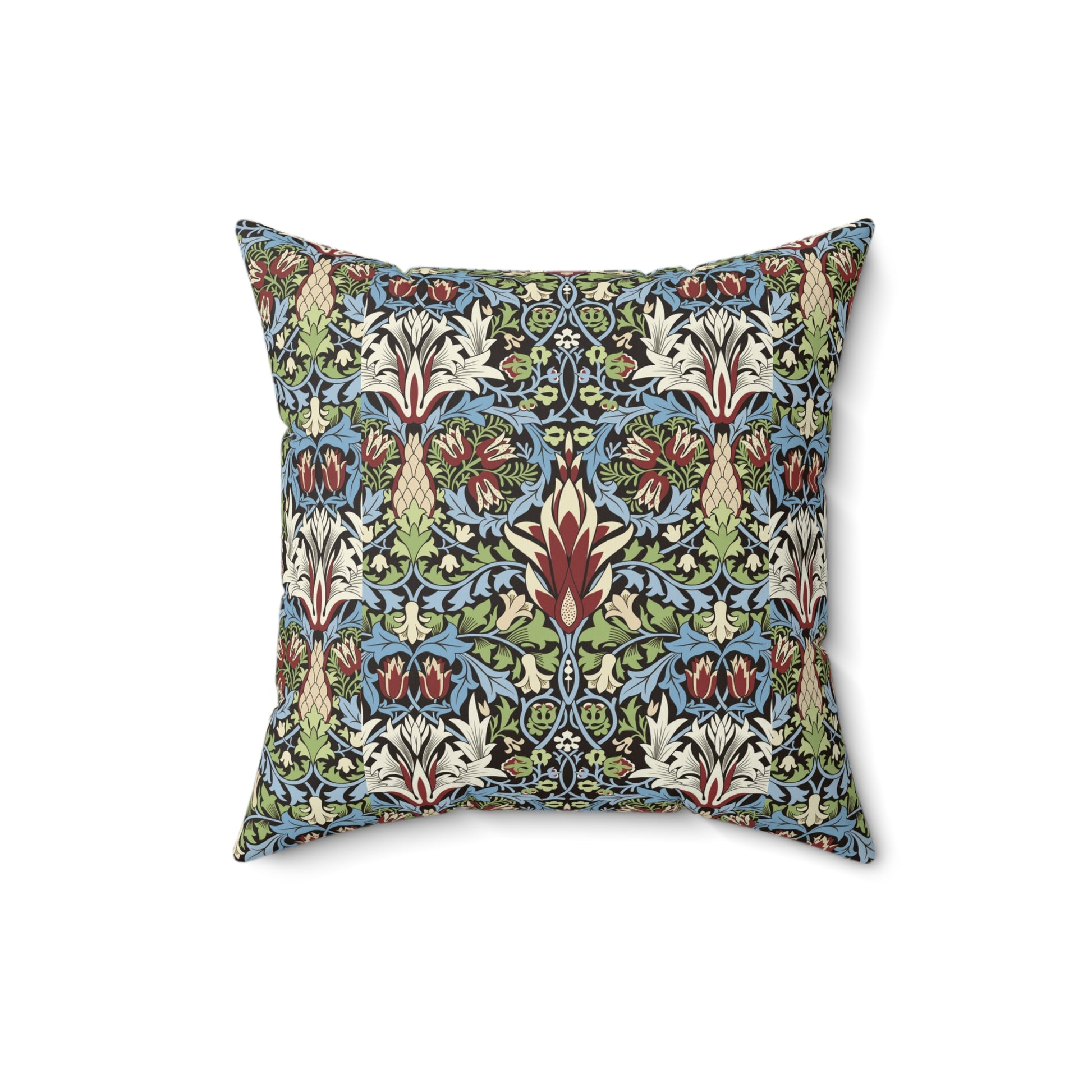 Faux Suede Cushion in a red, blue and green floral pattern by William Morris called Snakeshead Collection