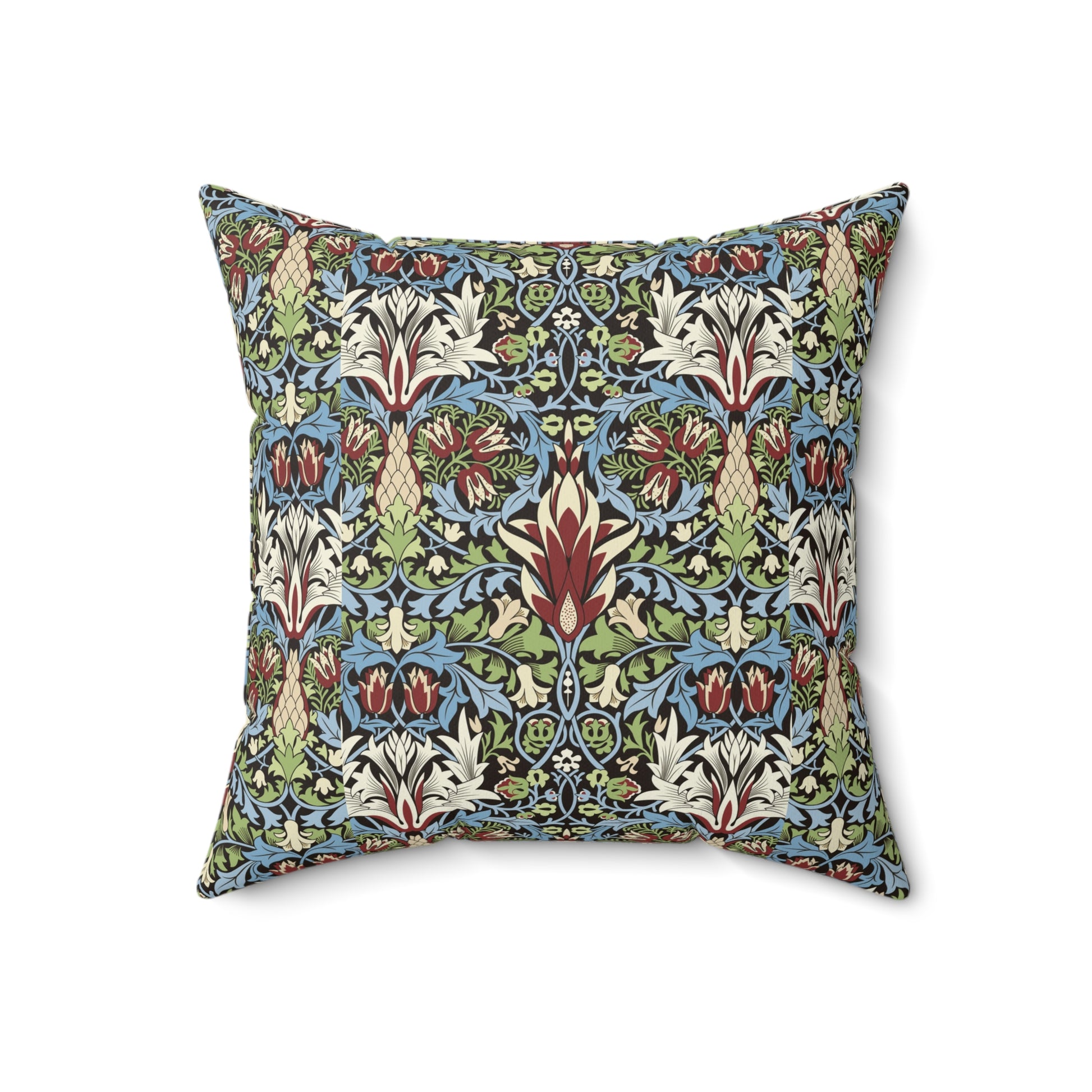 Faux Suede Cushion in a red, blue and green floral pattern by William Morris called Snakeshead Collection
