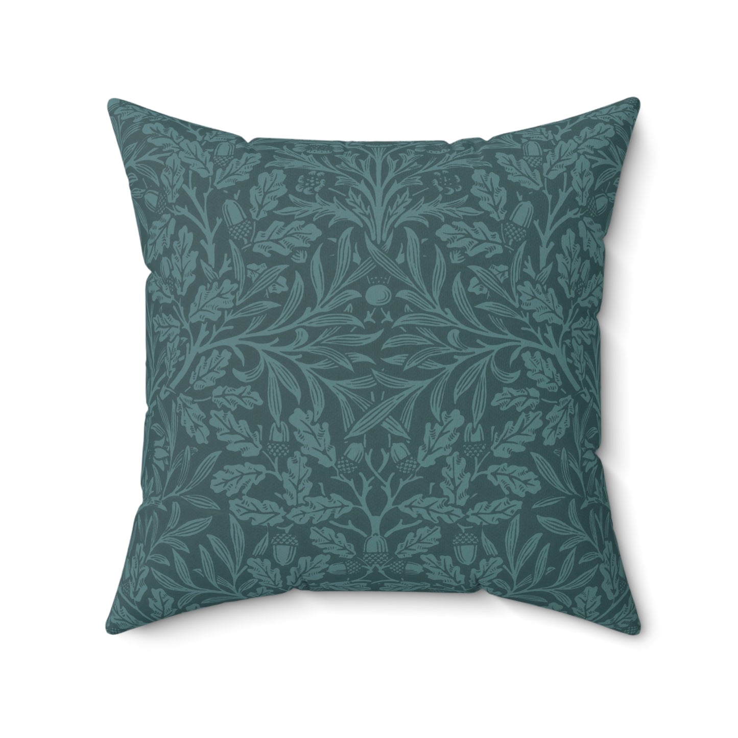 A square-shaped throw pillow with a teal colour, featuring a floral pattern of acorns and oak leaves inspired by William Morris.