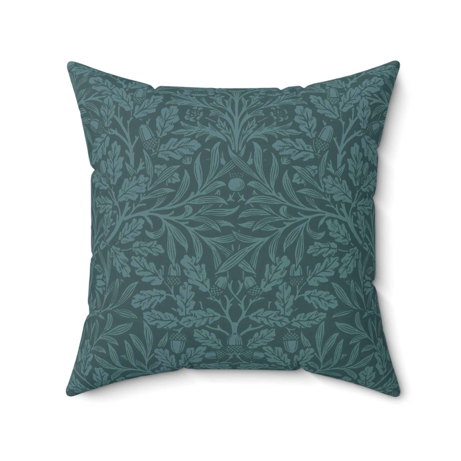A square-shaped throw pillow with a teal colour, featuring a floral pattern of acorns and oak leaves inspired by William Morris.