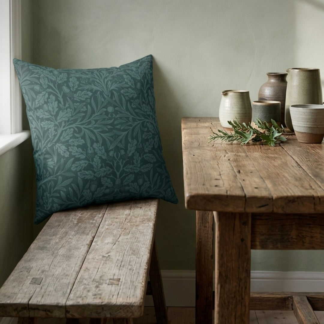 A square teal throw pillow with a subtle damask leaf pattern rests on a rustic wooden bench next to a matching wooden table decorated with ceramic vases and greenery.