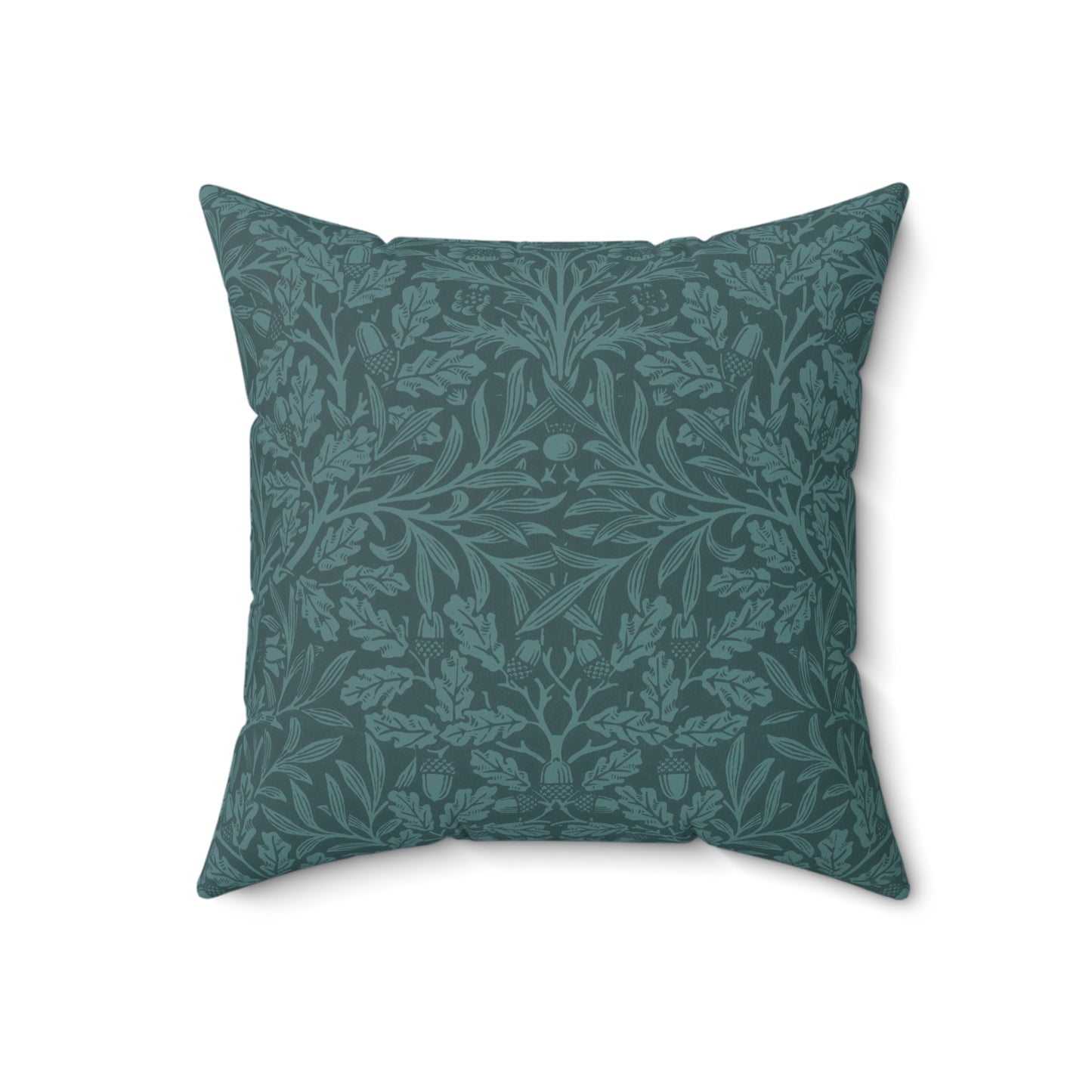 A square-shaped throw pillow with a teal colour, featuring a floral pattern of acorns and oak leaves inspired by William Morris.