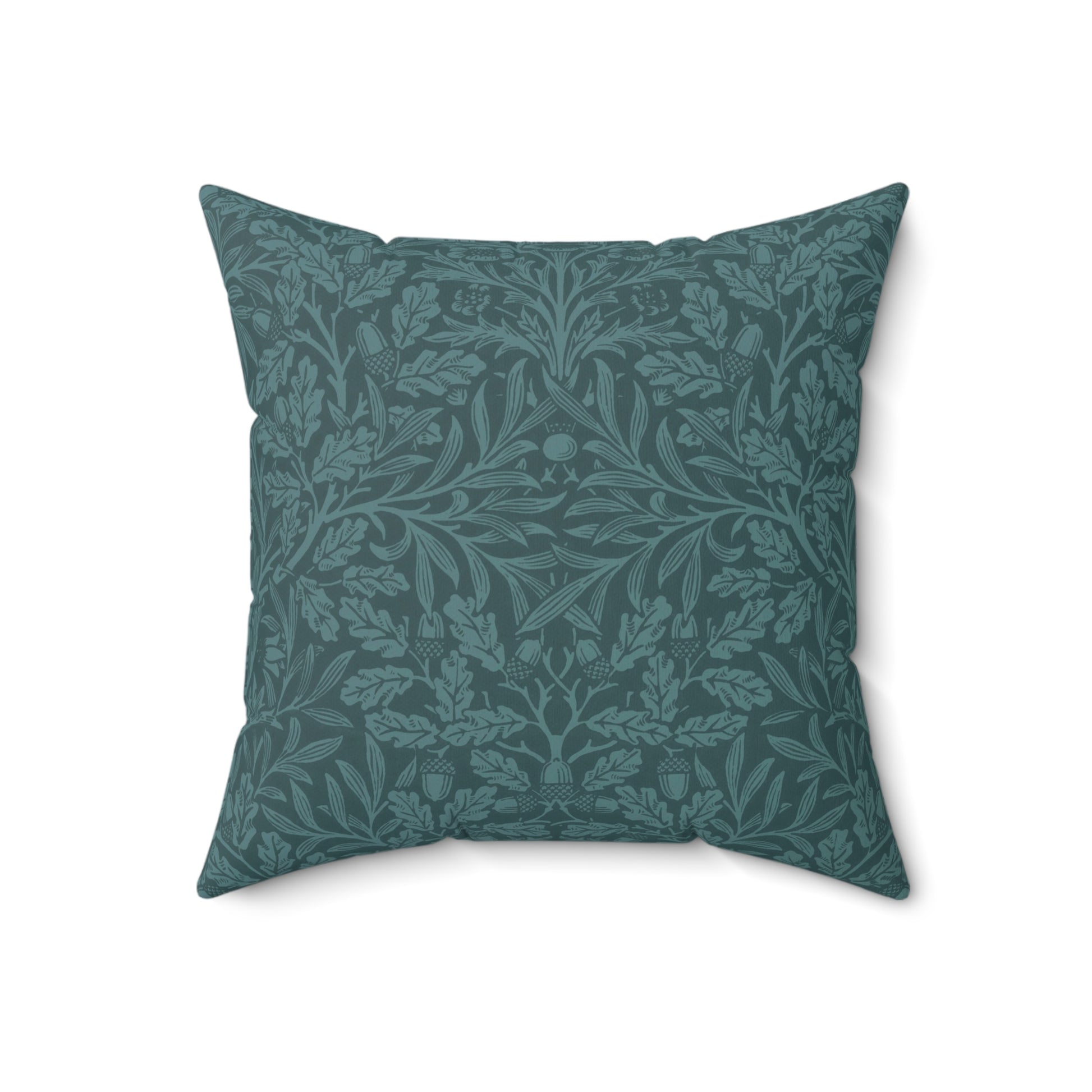 A square-shaped throw pillow with a teal colour, featuring a floral pattern of acorns and oak leaves inspired by William Morris.