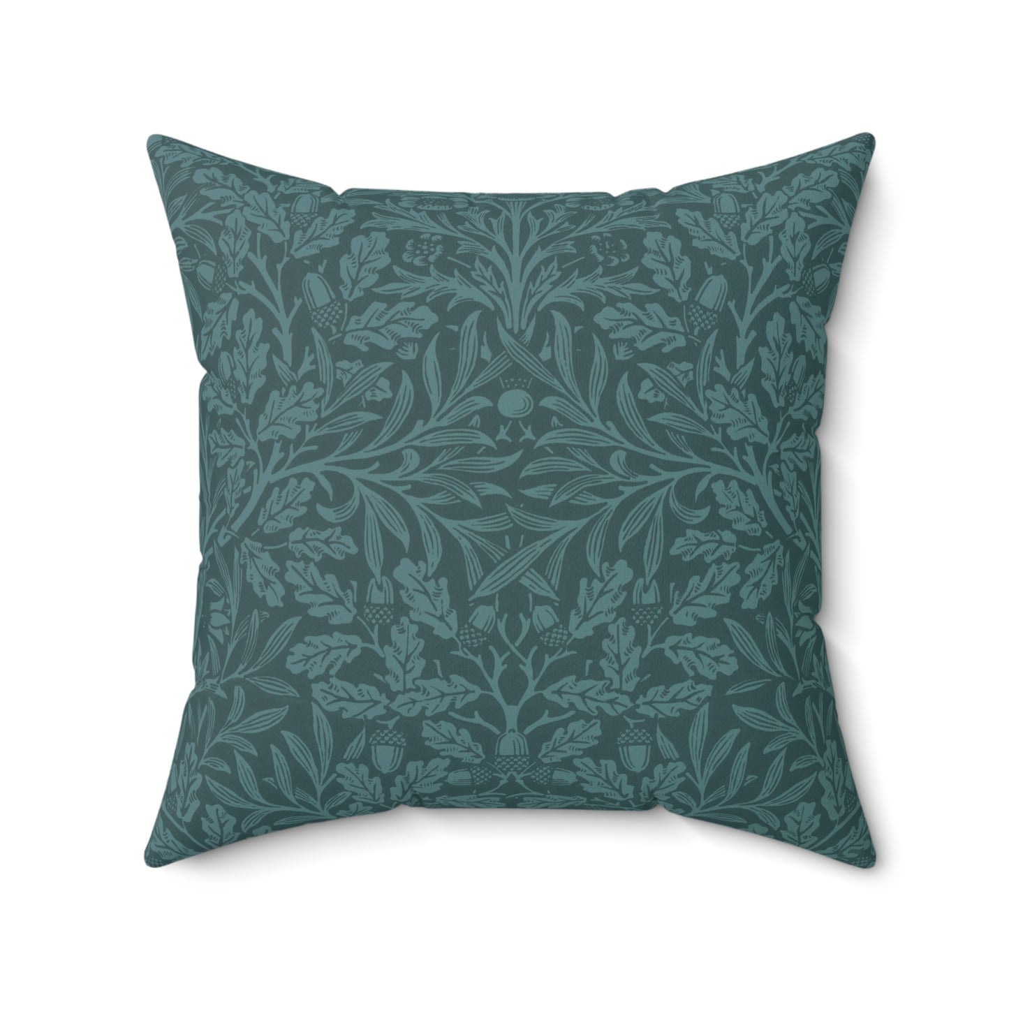 A square-shaped throw pillow with a teal colour, featuring a floral pattern of acorns and oak leaves inspired by William Morris.