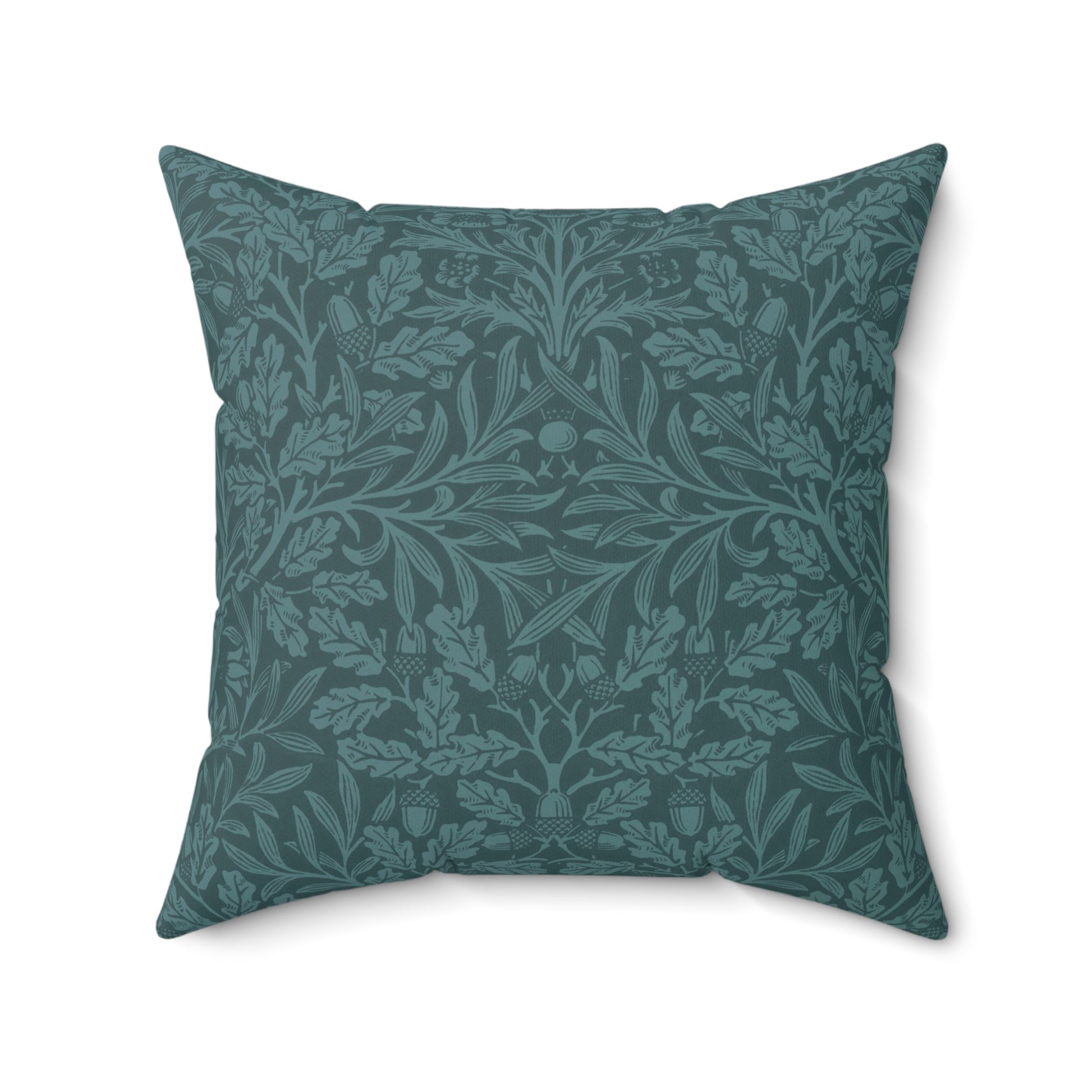 A square-shaped throw pillow with a teal colour, featuring a floral pattern of acorns and oak leaves inspired by William Morris.