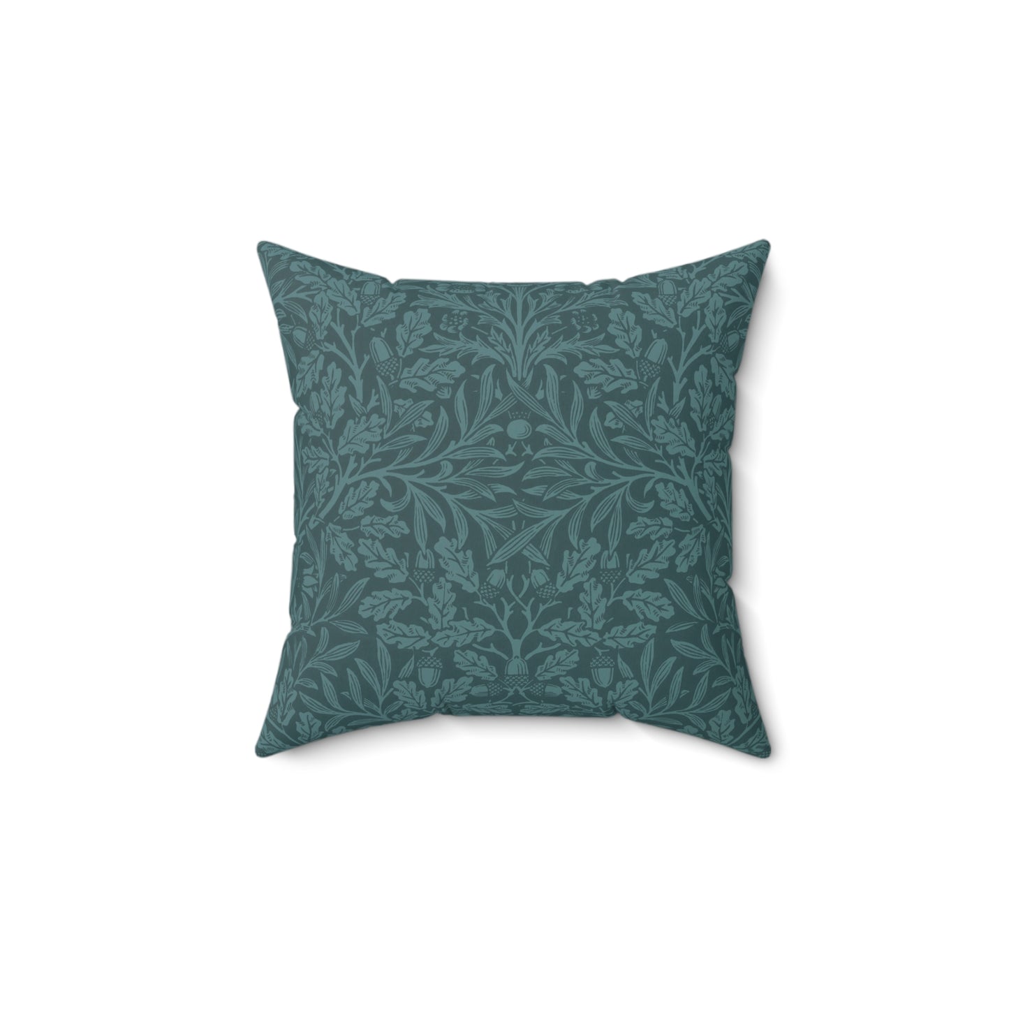 A square-shaped throw pillow with a teal colour, featuring a floral pattern of acorns and oak leaves inspired by William Morris.