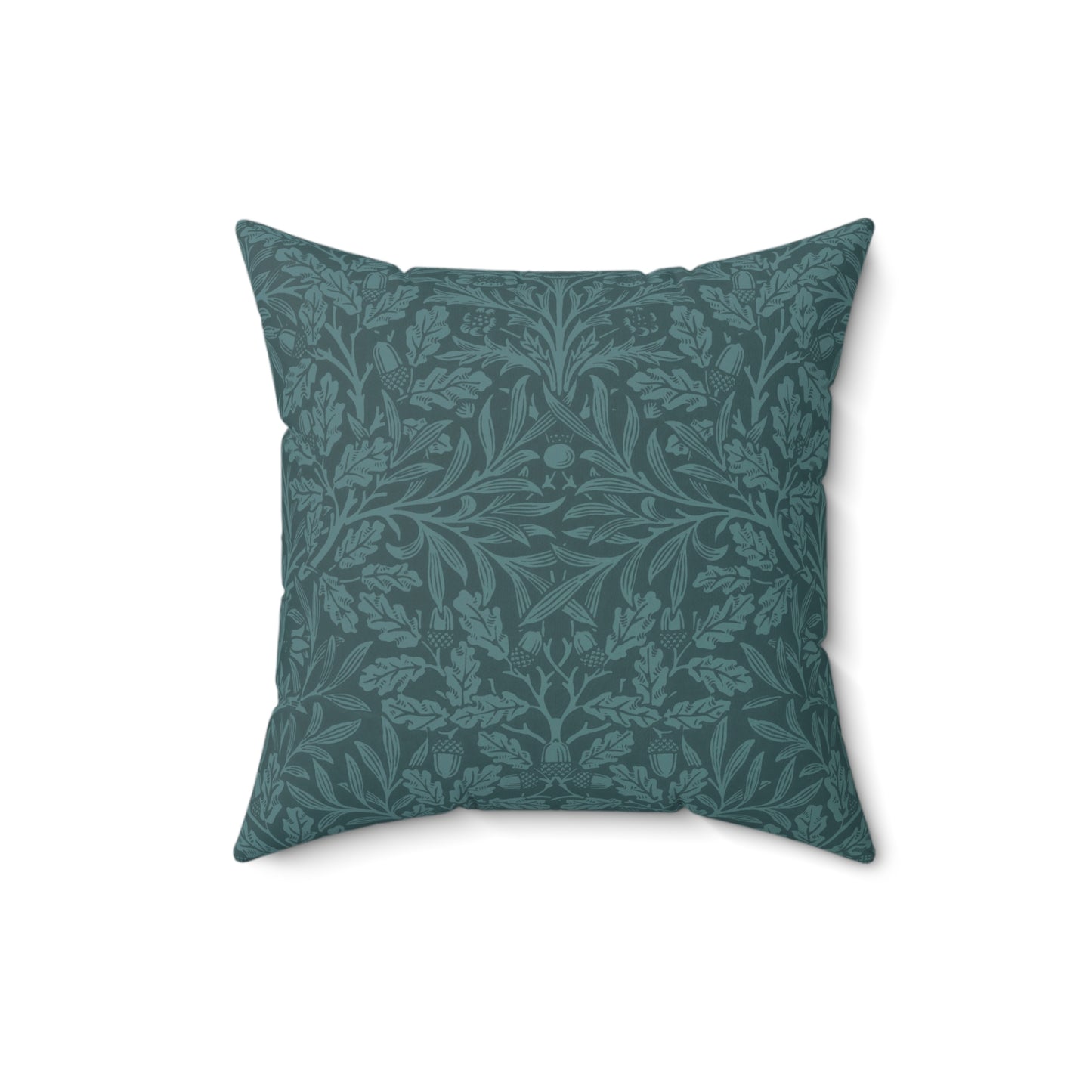 A square-shaped throw pillow with a teal colour, featuring a floral pattern of acorns and oak leaves inspired by William Morris.