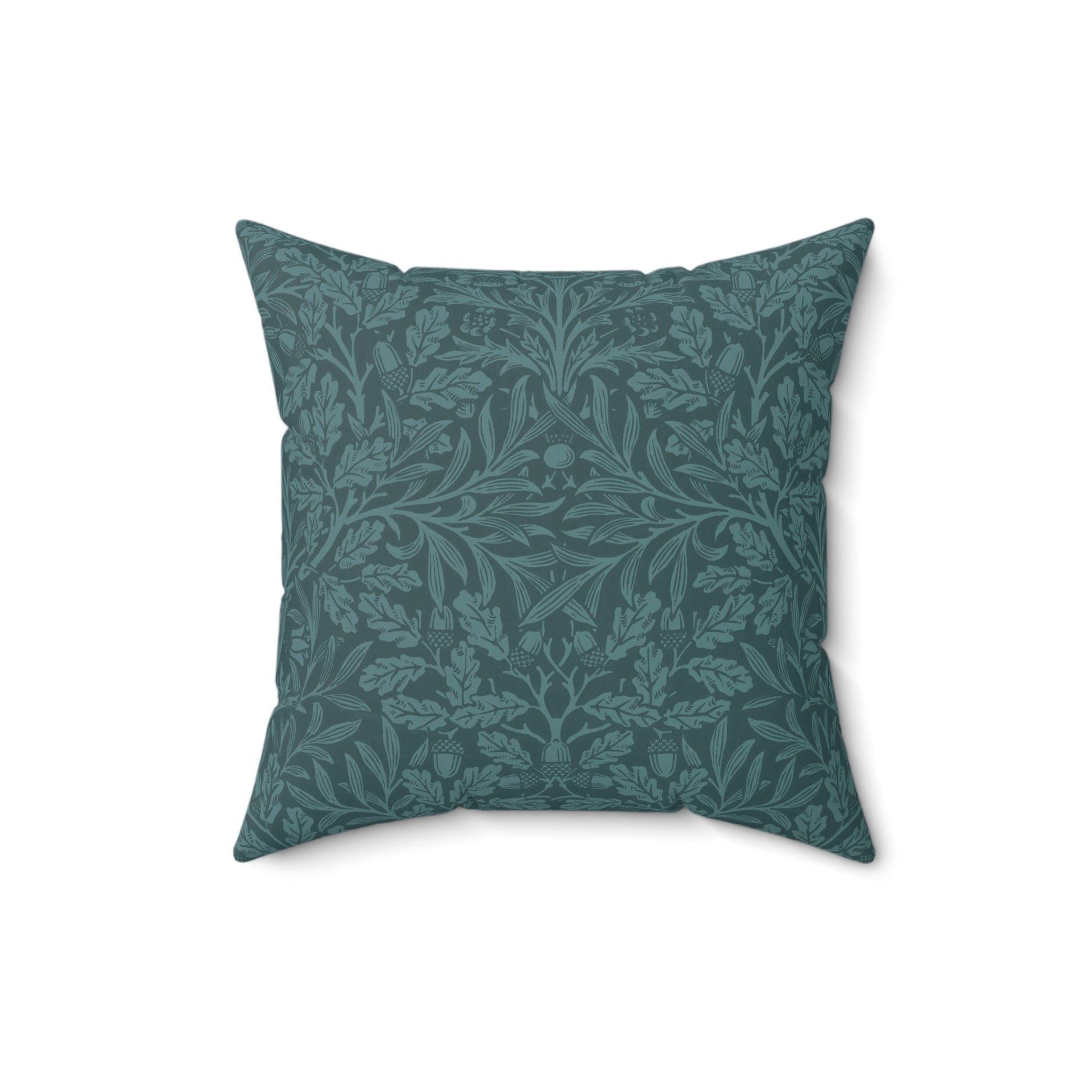A square-shaped throw pillow with a teal colour, featuring a floral pattern of acorns and oak leaves inspired by William Morris.