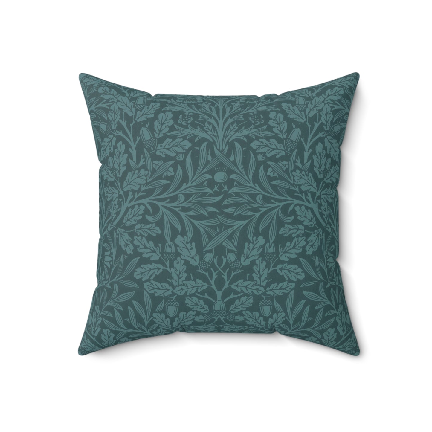 A square-shaped throw pillow with a teal colour, featuring a floral pattern of acorns and oak leaves inspired by William Morris.