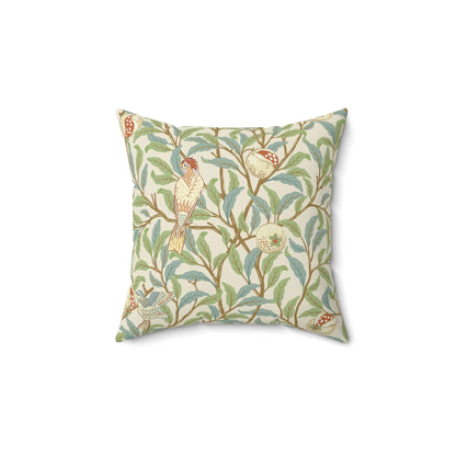 A square-shaped cushion with an all-over William Morris & Co print featuring birds and pomegranate fruits on a beige background.