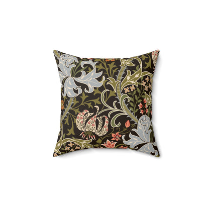 A square-shaped faux suede cushion with a William Morris & Co floral pattern design, predominantly in shades of green, brown and white.